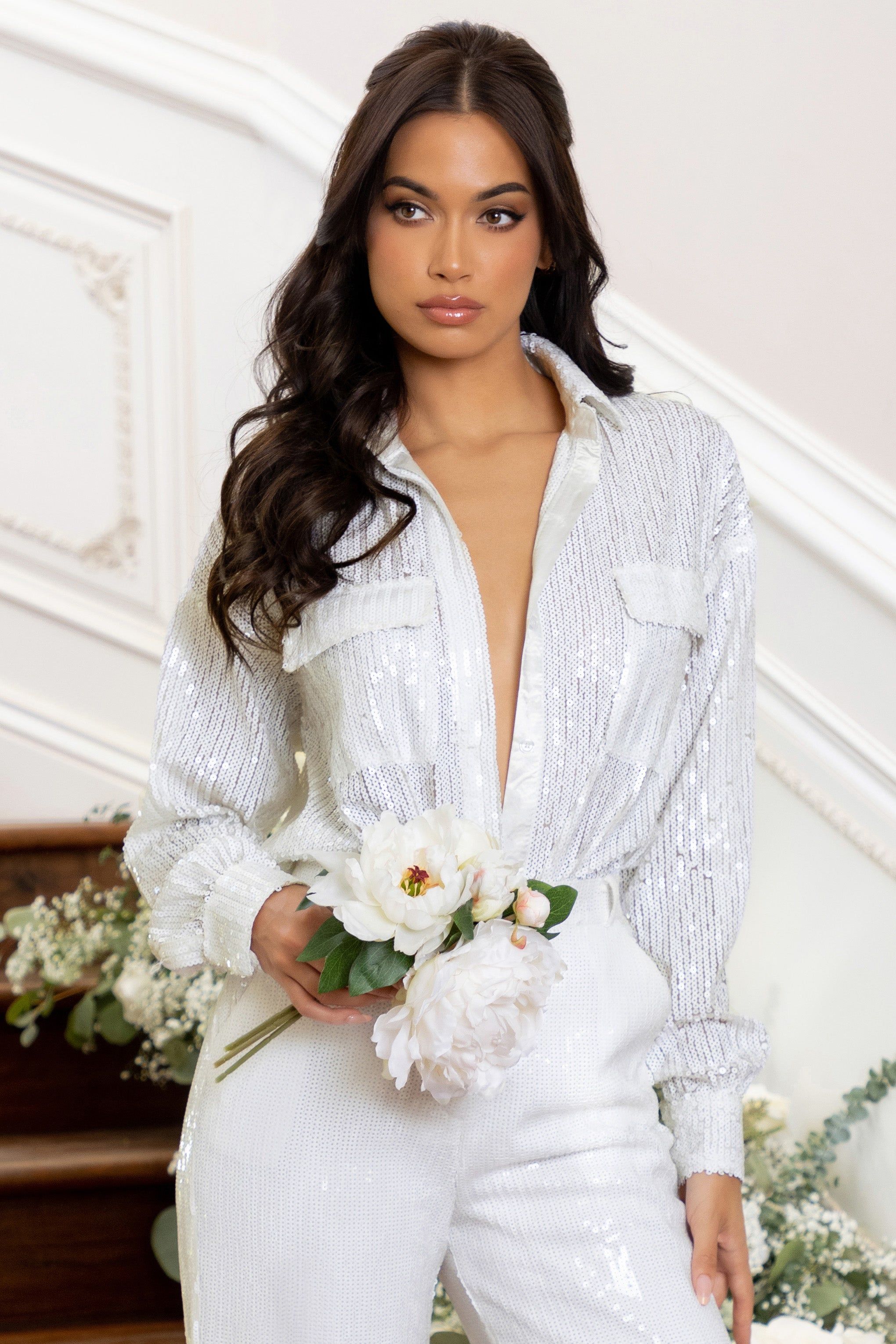 Always You | White Sequin Oversized Pocket Detail Shirt sold by Club L London