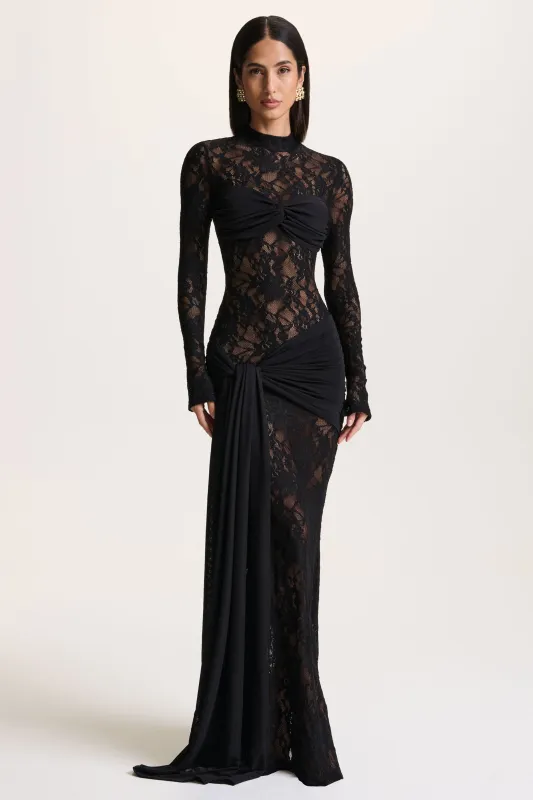 Akira | Black Lace Maxi Dress With Sash-Detail made by Club L London