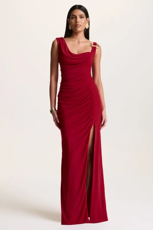 Jovita | Red Scoop-Neck Maxi Dress With Gathered-Detailing sold by Club L London