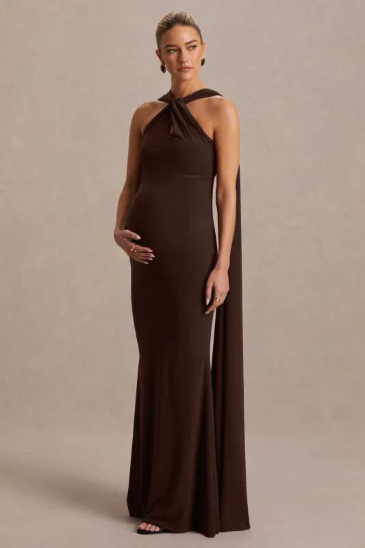 Lyra | Brown Cross Halter-Neck Maternity Maxi Dress With Cape sold by Club L London