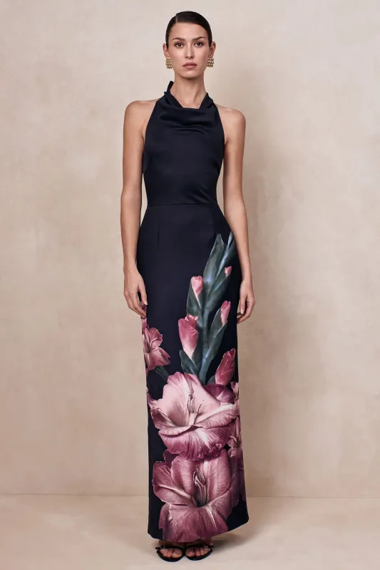 Palatial | Pink Border Print Halter-Neck Cowl Maxi Dress sold by Club L London