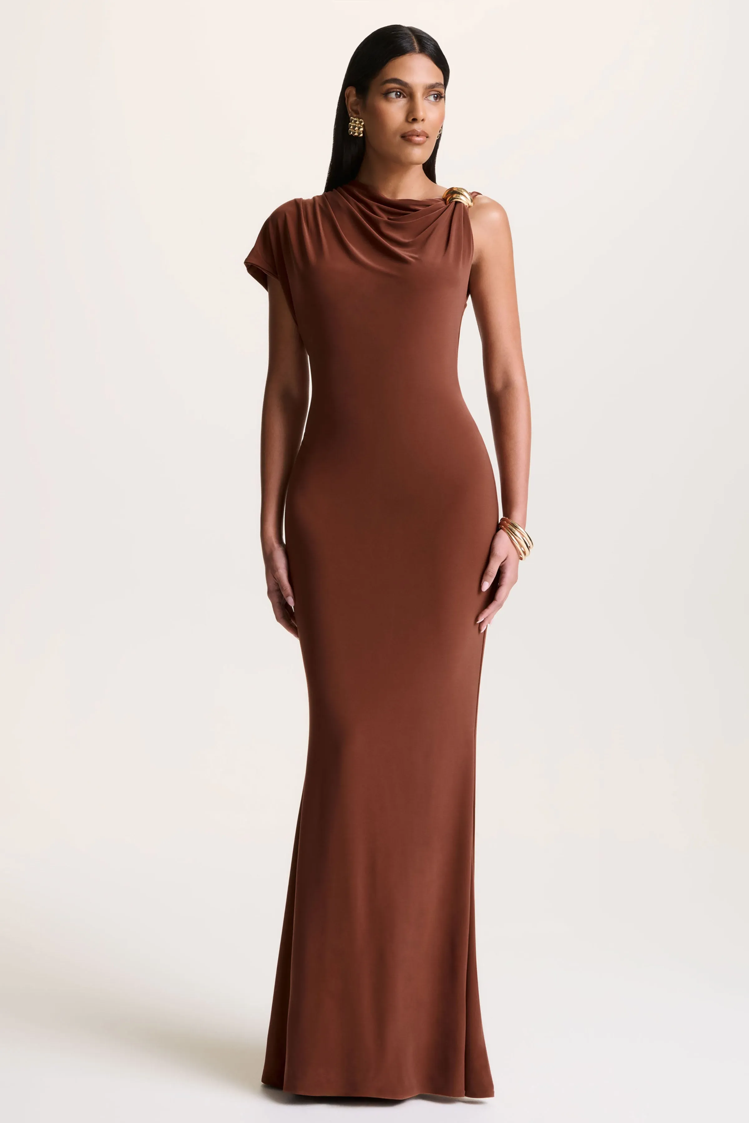 Blaire | Brown Asymmetric-Neck Maxi Dress With Gold-Detailing sold by Club L London product image thumbnail 4