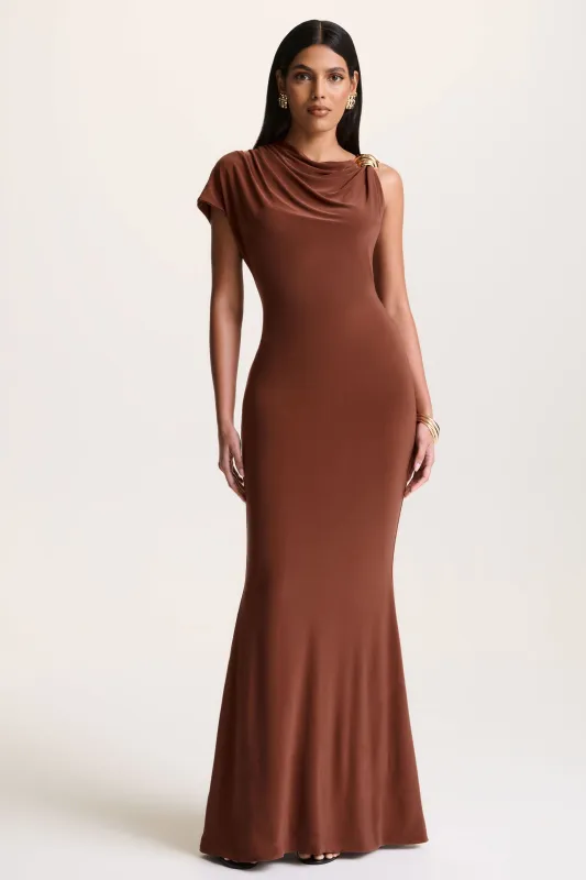Blaire | Brown Asymmetric-Neck Maxi Dress With Gold-Detailing sold by Club L London