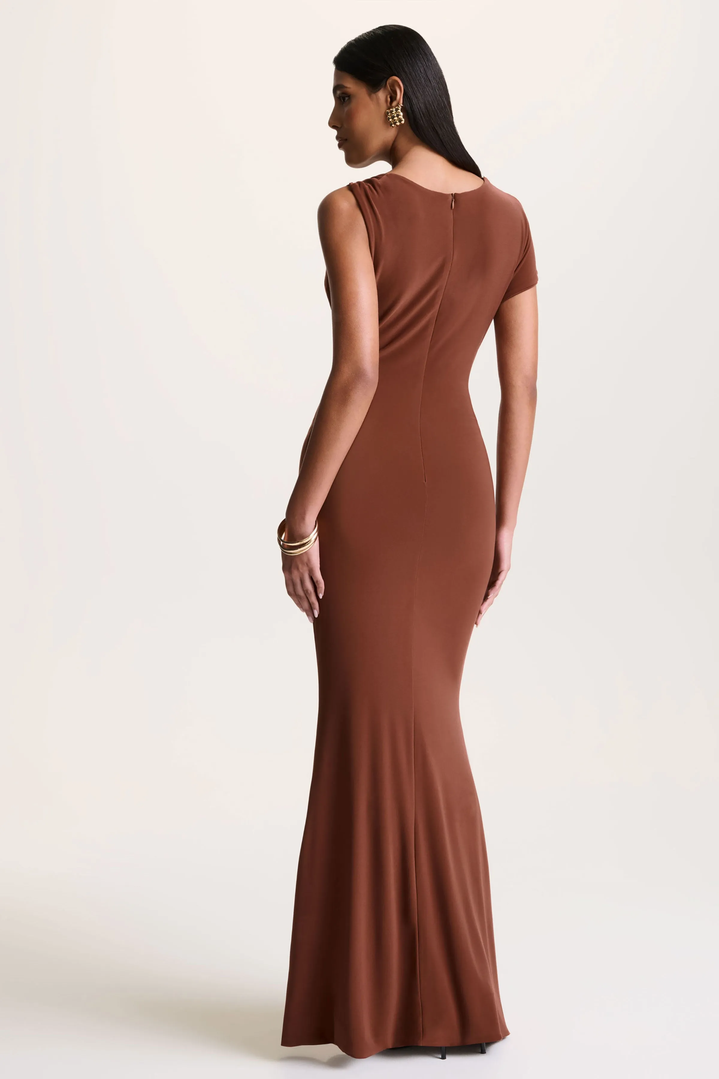 Blaire | Brown Asymmetric-Neck Maxi Dress With Gold-Detailing sold by Club L London product image thumbnail 2