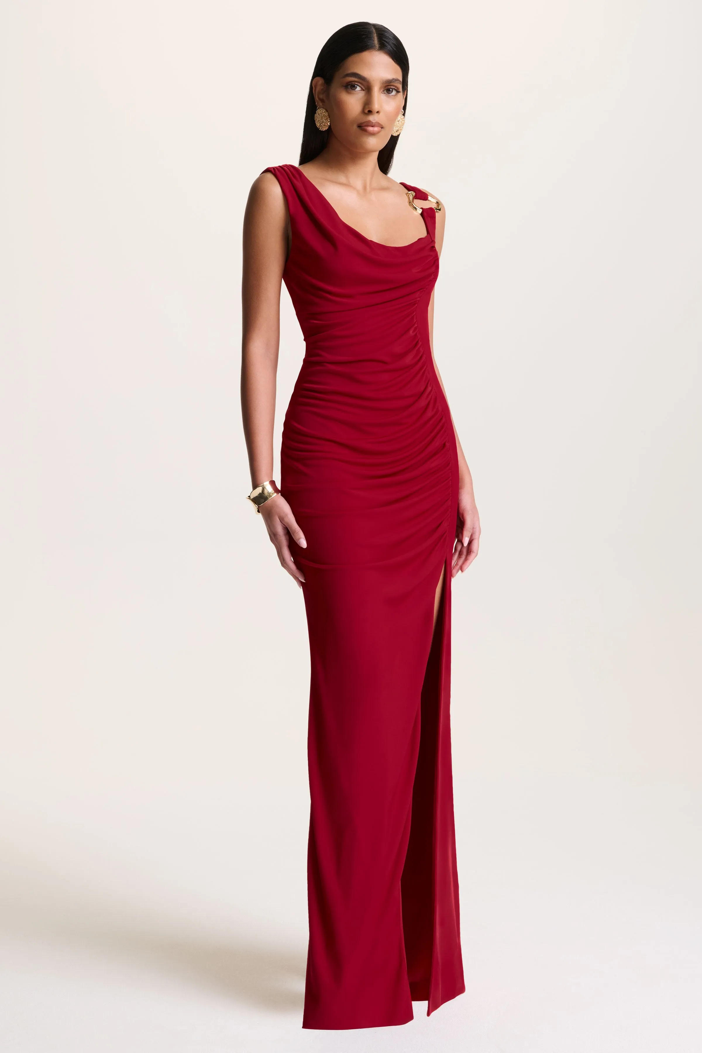 Vesperelle | Red Scoop-Neck Maxi Dress With Gathered-Detailing sold by Club L London product image thumbnail 5