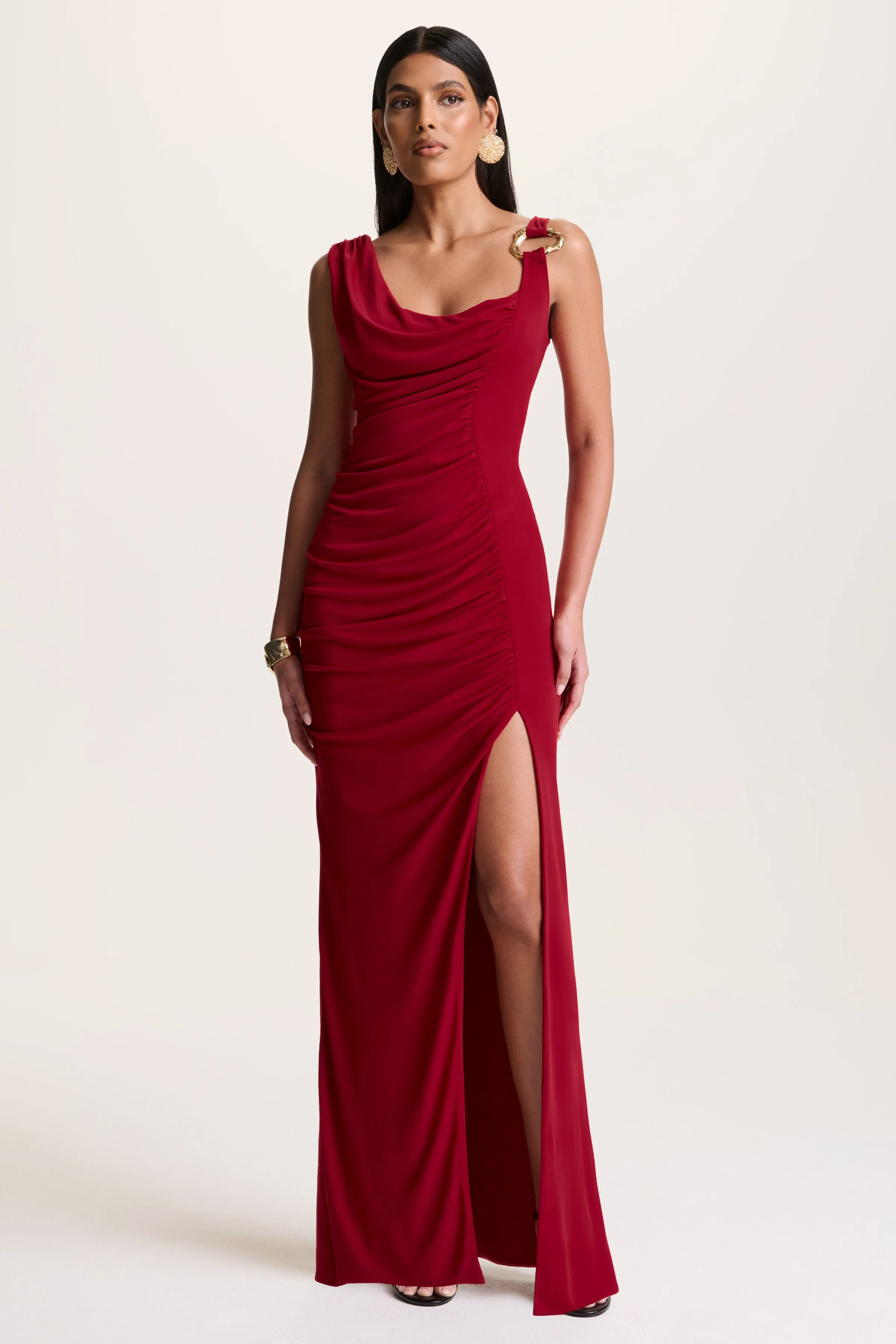 Vesperelle | Red Scoop-Neck Maxi Dress With Gathered-Detailing sold by Club L London product image thumbnail 4
