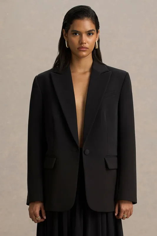 Katherine | Black Plunge-Neck Oversized Blazer sold by Club L London