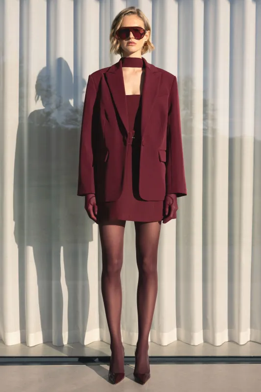 Katherine | Burgundy Plunge-Neck Oversized Blazer sold by Club L London