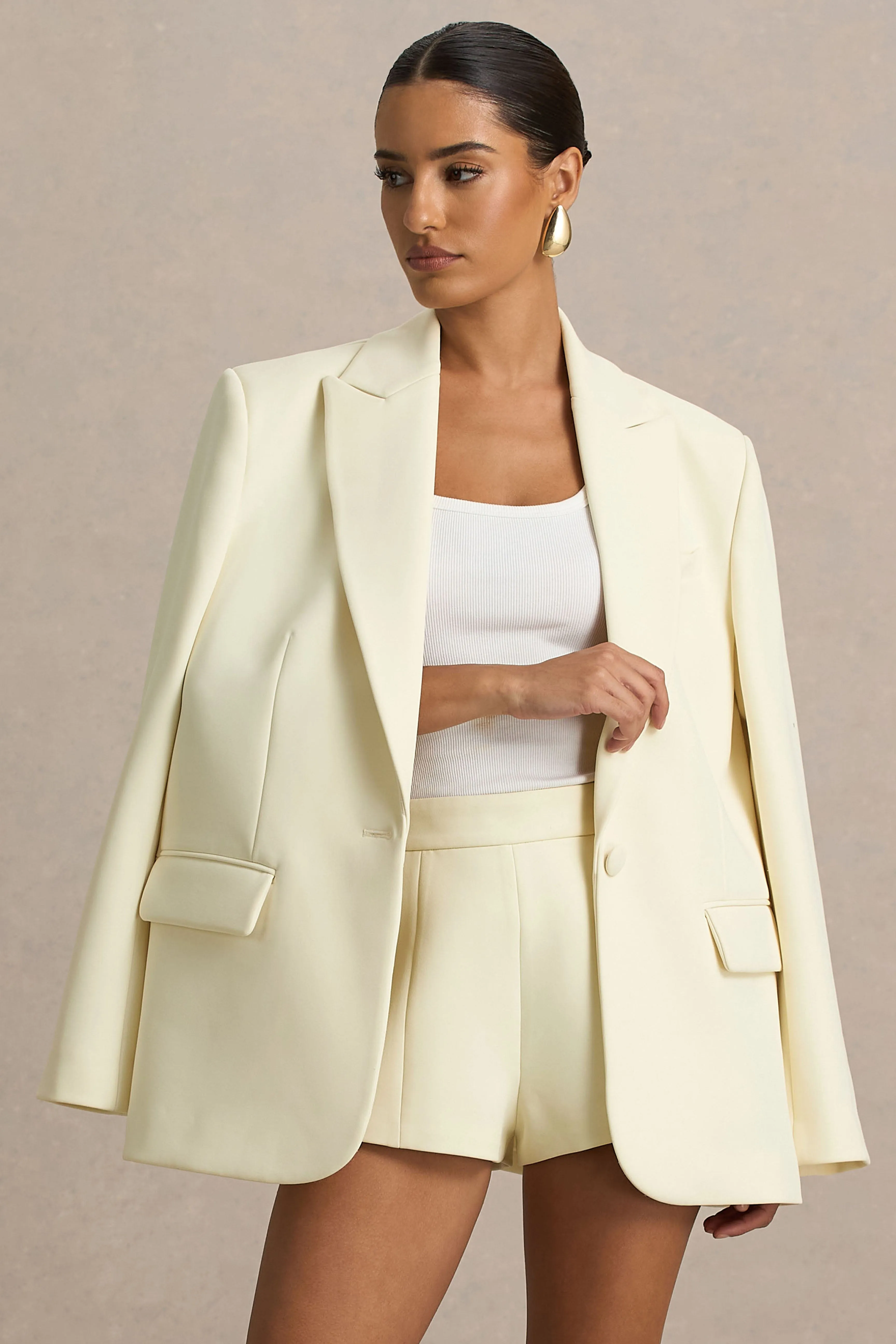 Katherine | Cream Oversized Plunge-Neck Blazer sold by Club L London product image thumbnail 2