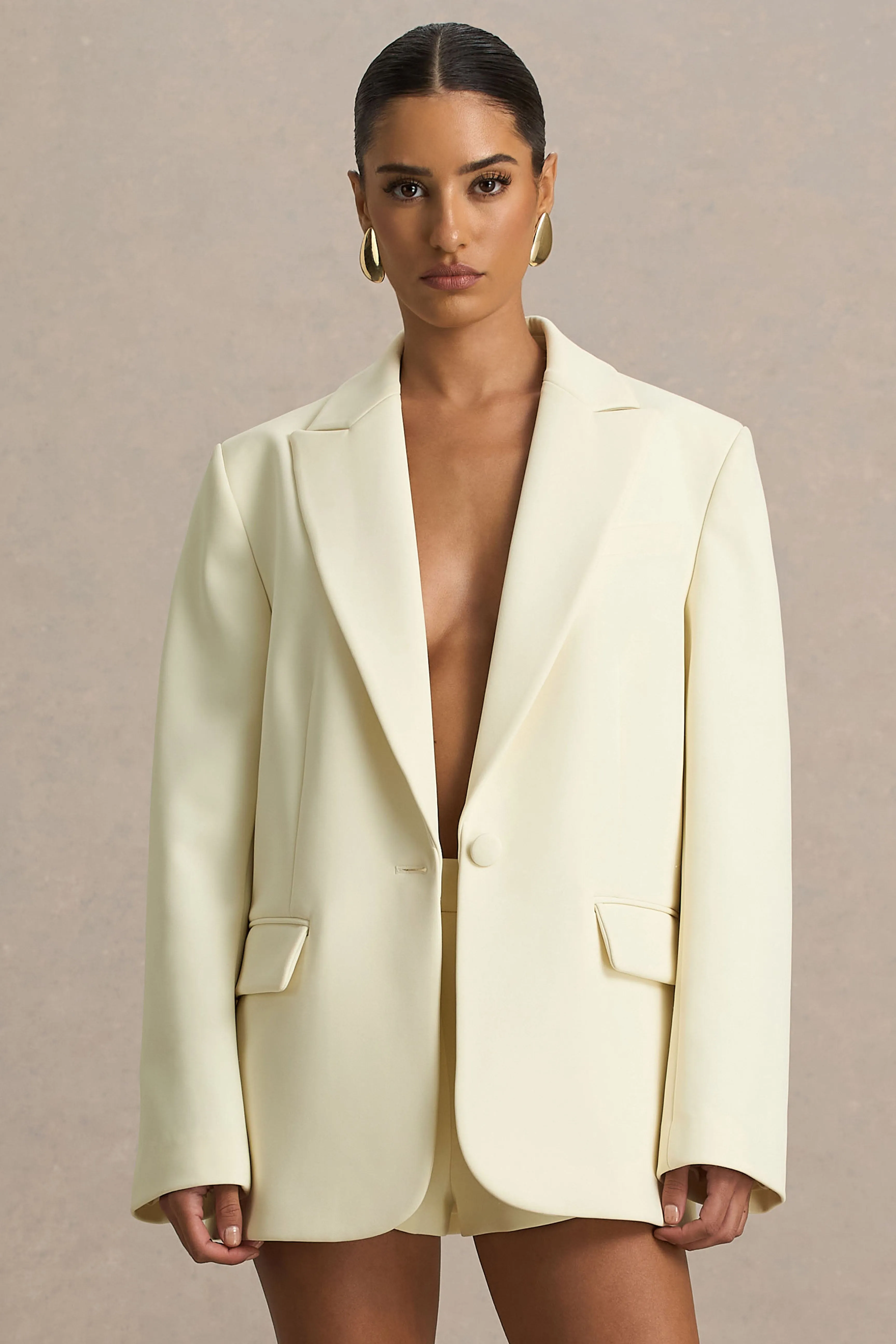 Katherine | Cream Oversized Plunge-Neck Blazer sold by Club L London product image thumbnail 4