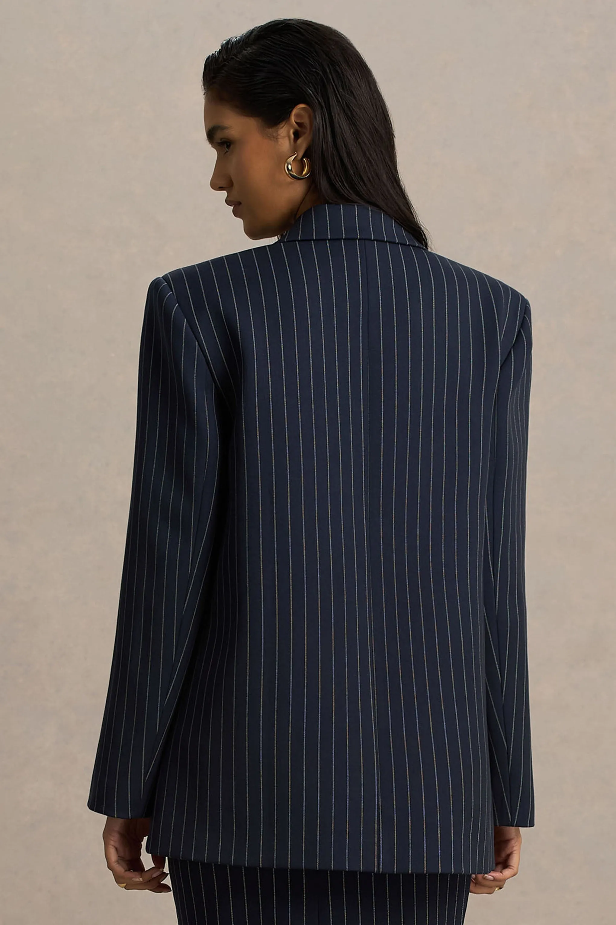 Alana | Navy Pinstripe Plunge-Neck Oversized Blazer sold by Club L London product image thumbnail 3