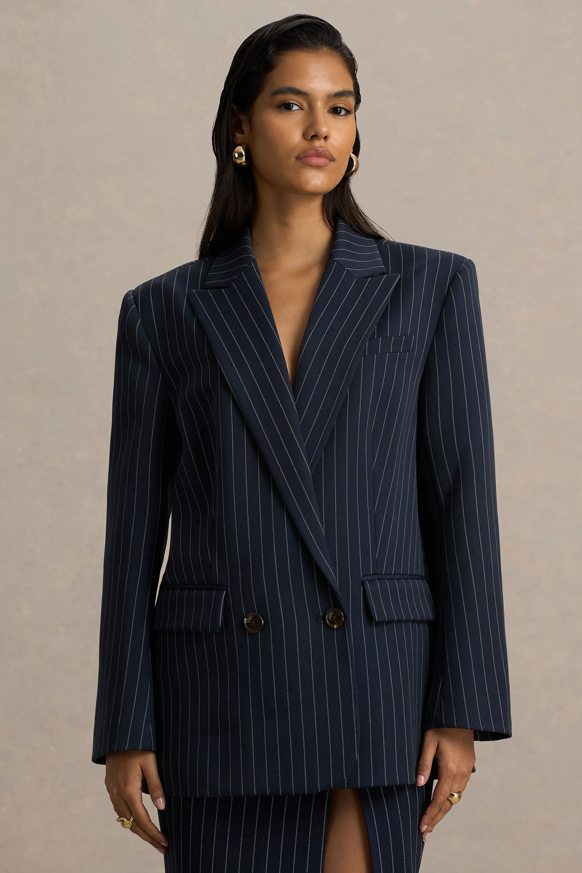 Alana | Navy Pinstripe Plunge-Neck Oversized Blazer sold by Club L London product image thumbnail 5