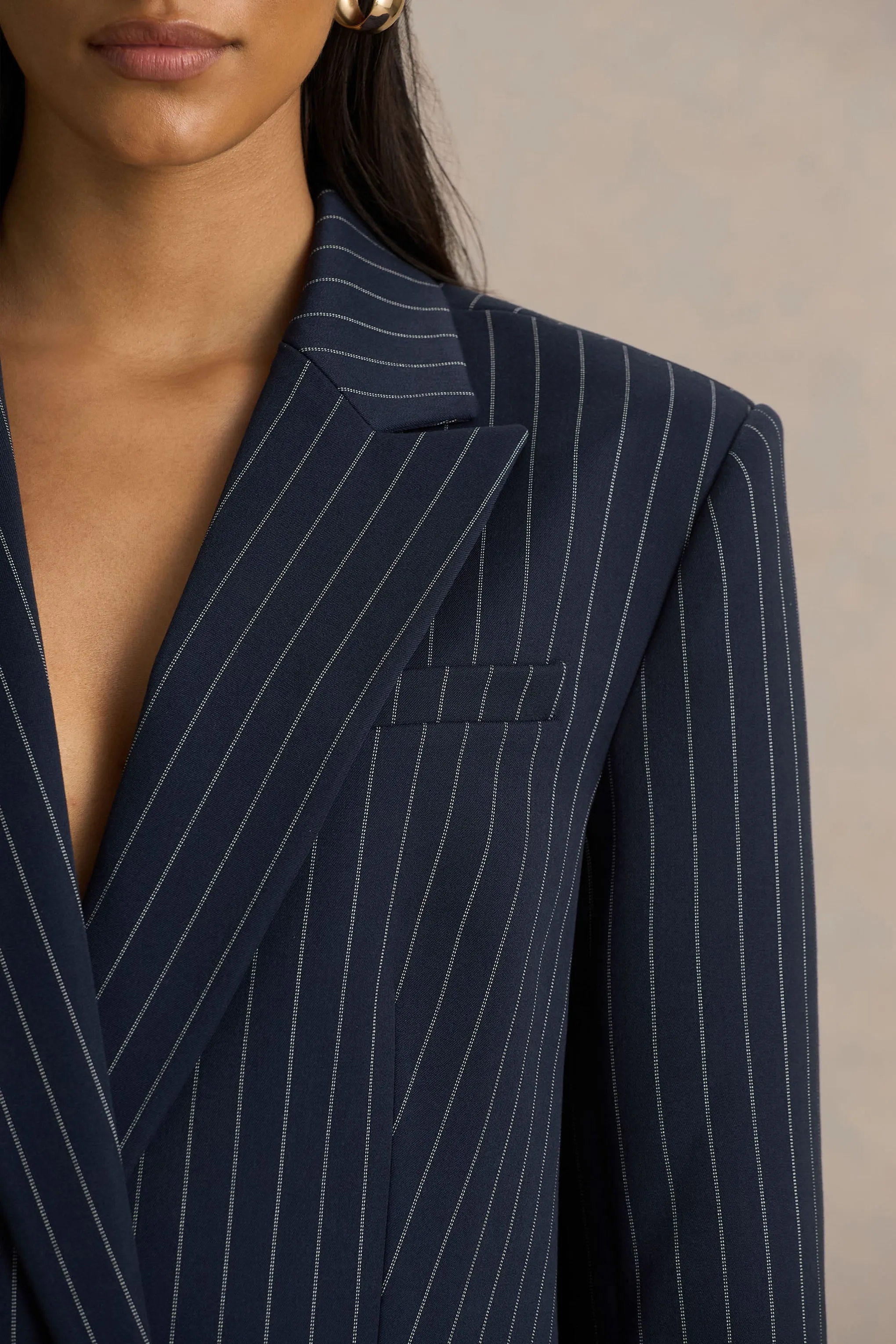 Alana | Navy Pinstripe Plunge-Neck Oversized Blazer sold by Club L London product image thumbnail 4