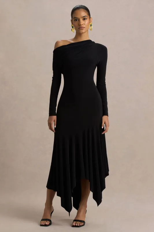 Isola | Black Asymmetric-Neck Midi Dress With Hanky-Hem sold by Club L London