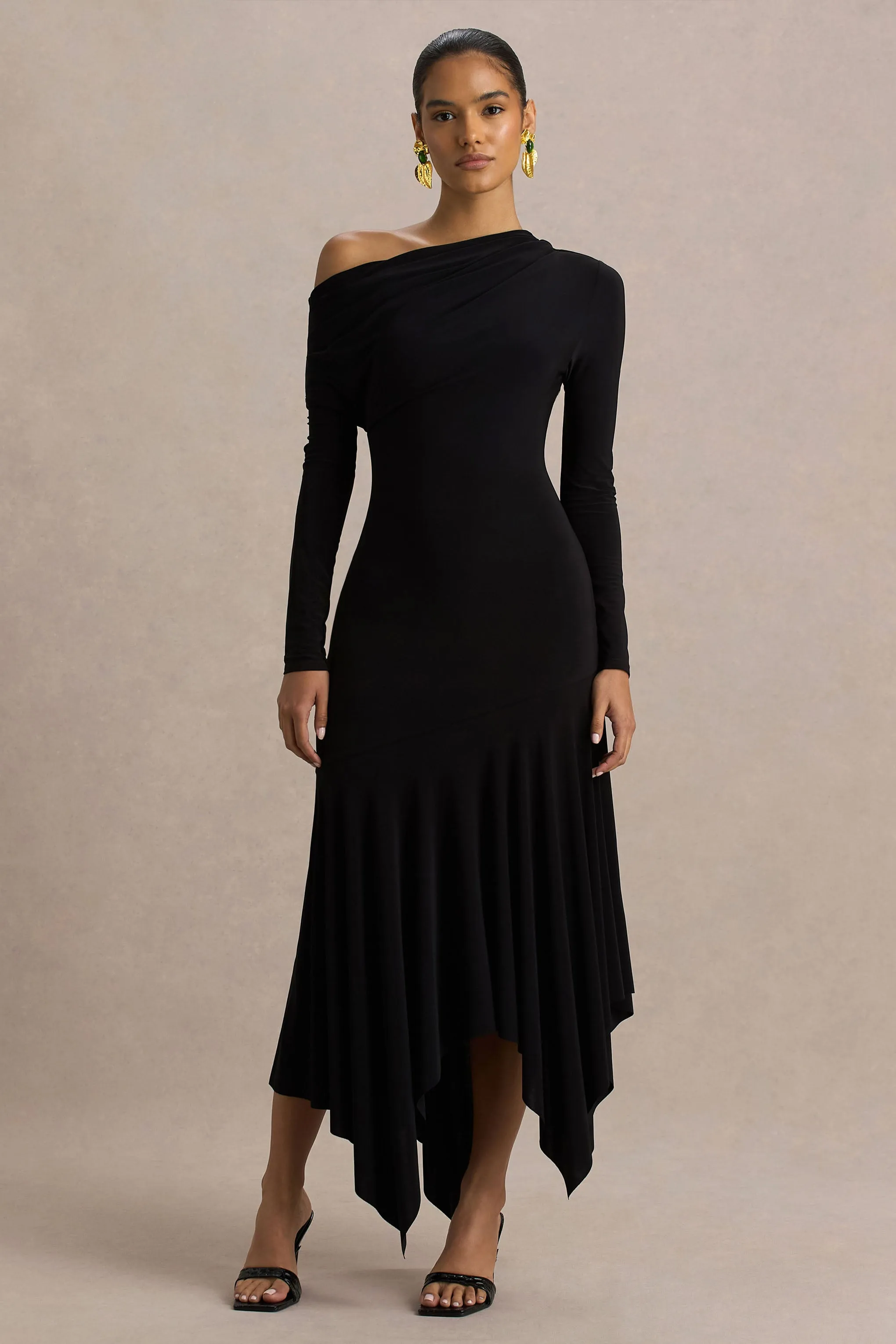 Isola | Black Asymmetric-Neck Midi Dress With Hanky-Hem sold by Club L London