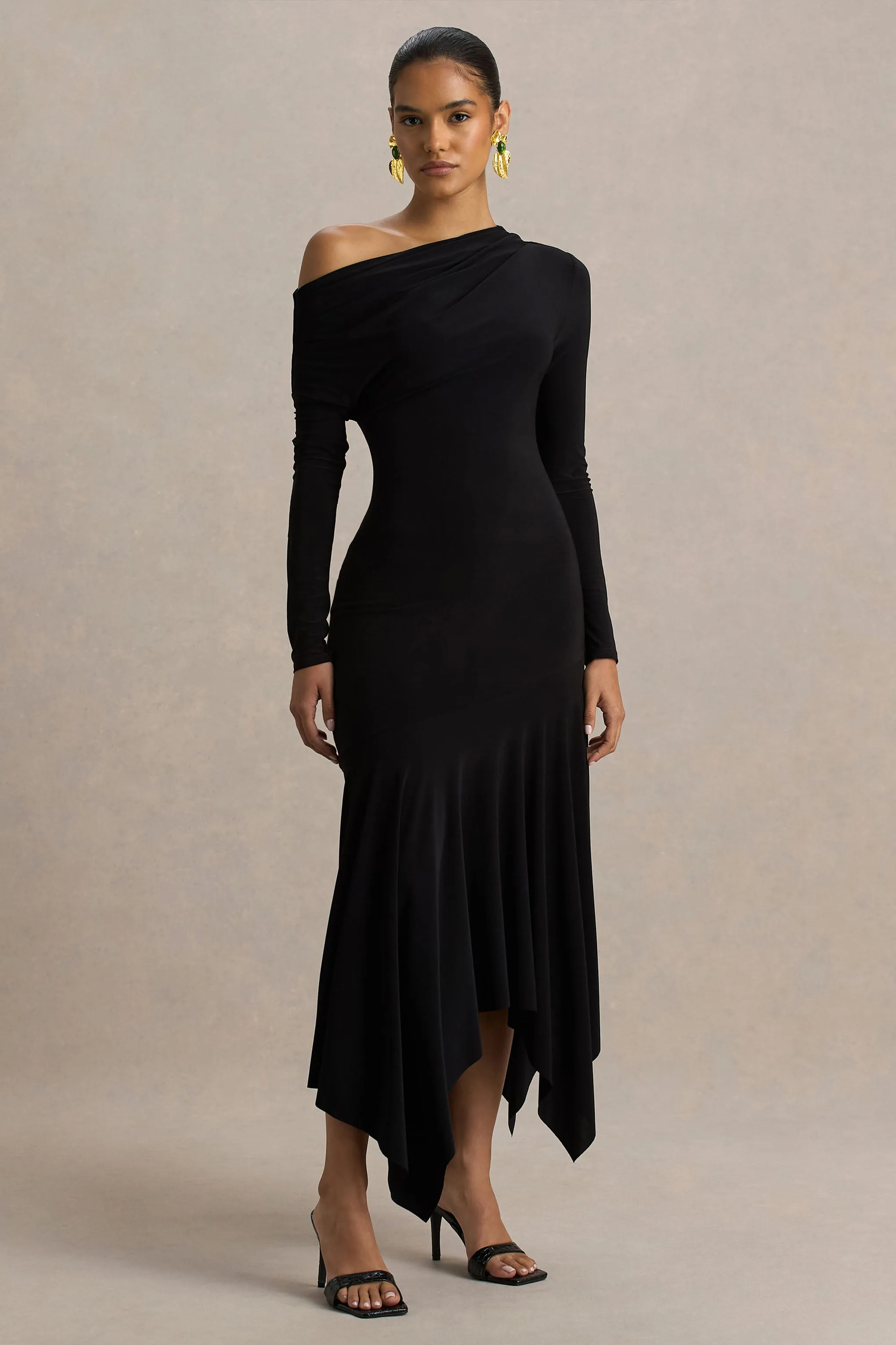 Isola | Black Asymmetric-Neck Midi Dress With Hanky-Hem sold by Club L London product image thumbnail 4
