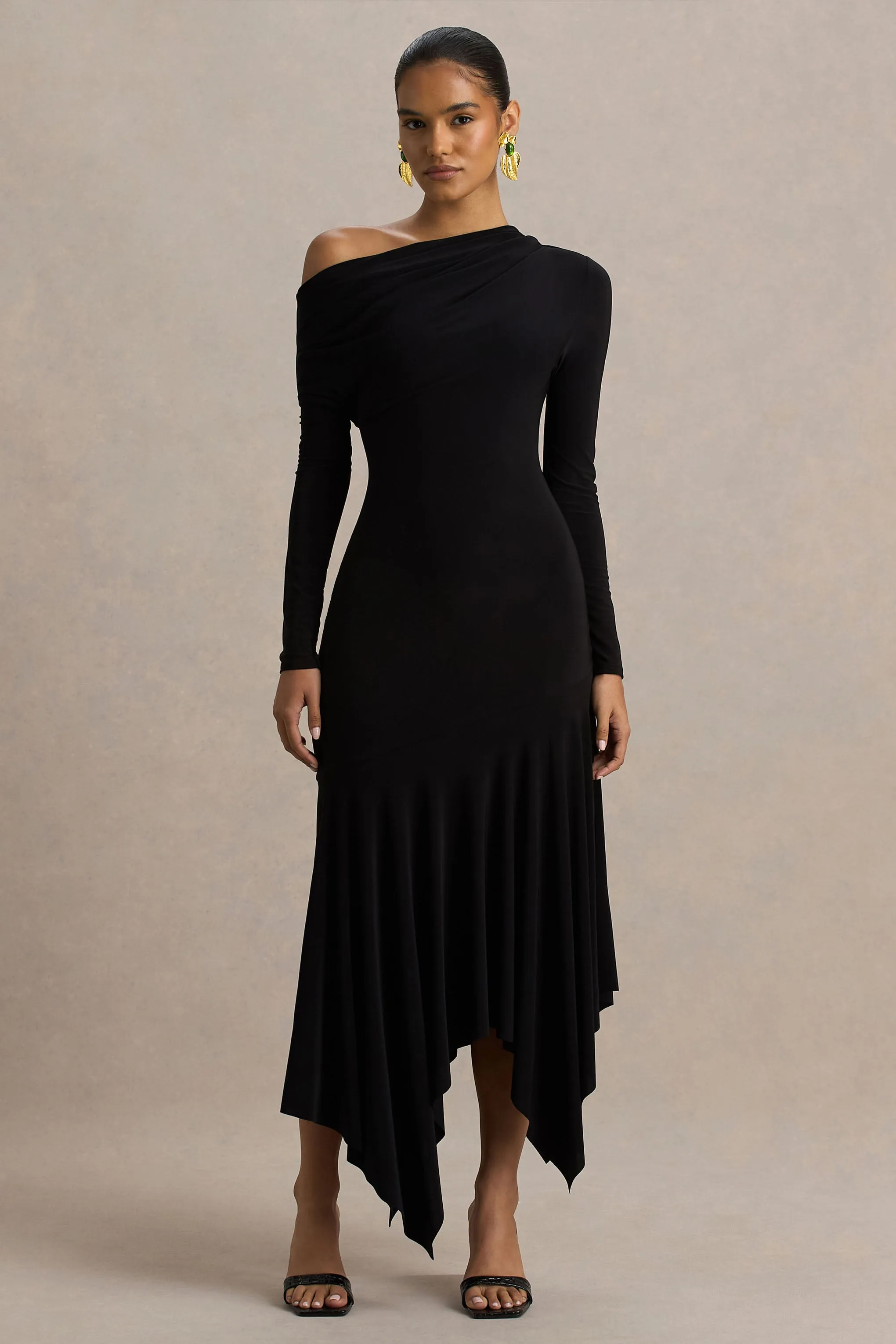 Isola | Black Asymmetric-Neck Midi Dress With Hanky-Hem sold by Club L London product image thumbnail 5