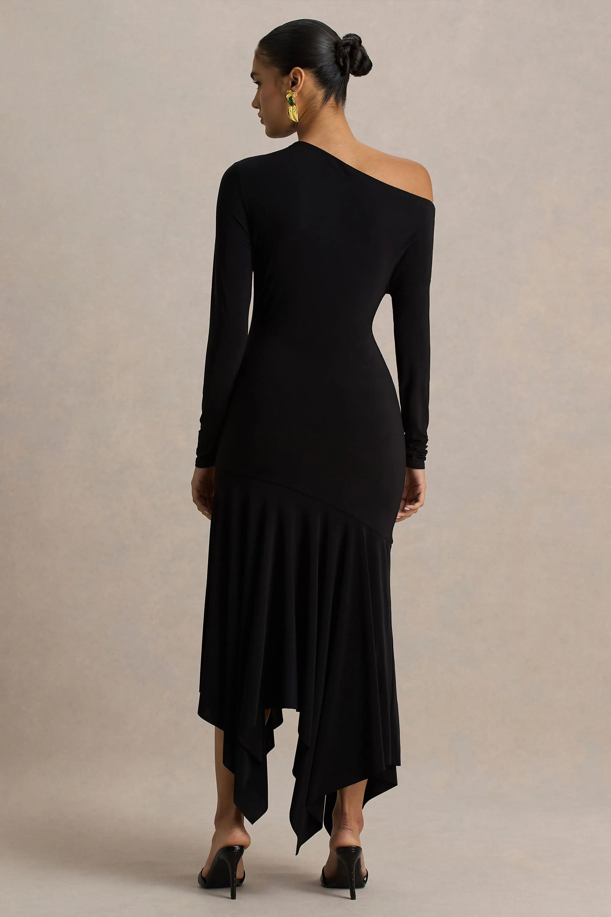 Isola | Black Asymmetric-Neck Midi Dress With Hanky-Hem sold by Club L London product image thumbnail 2