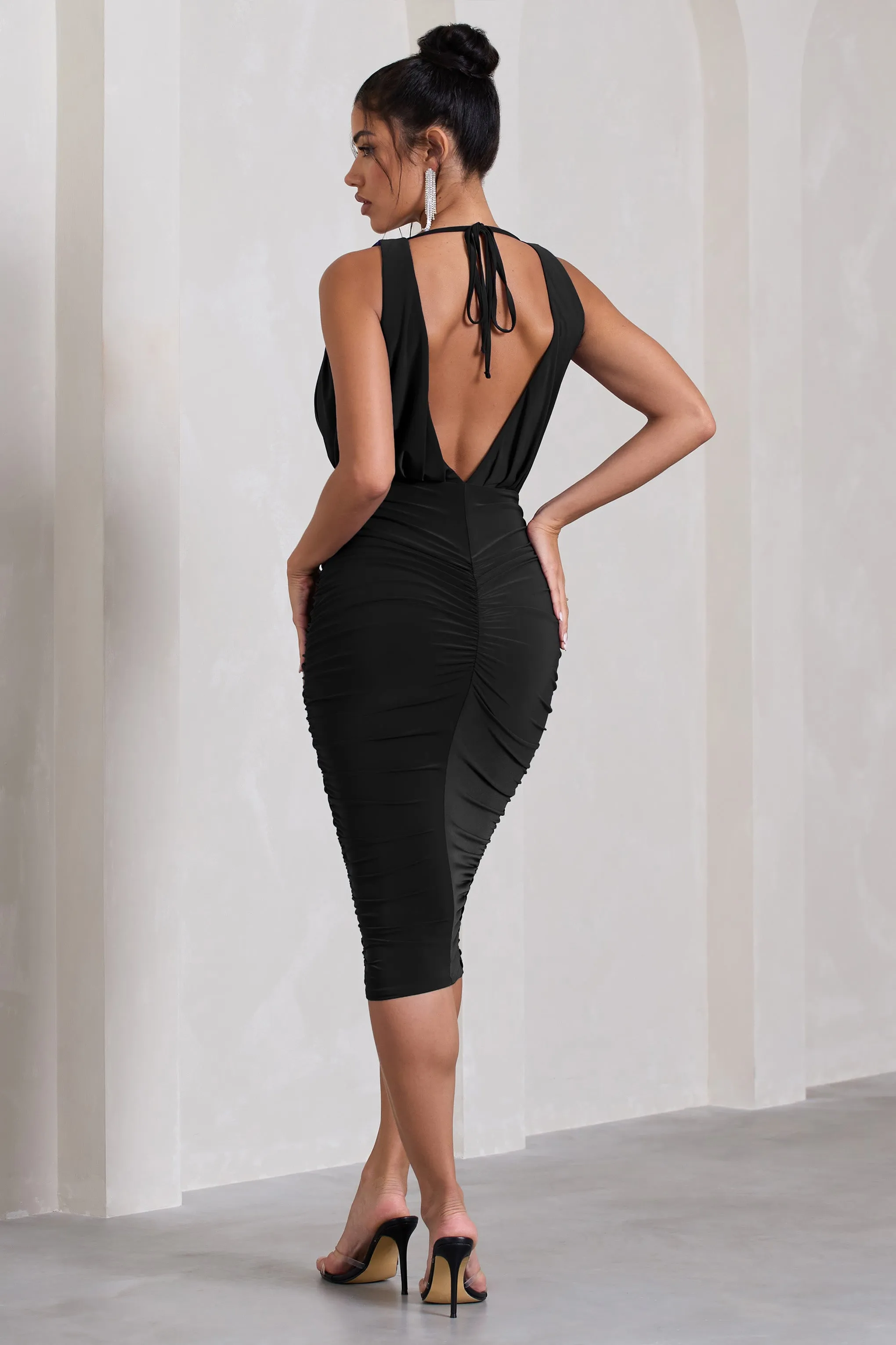 Marlowe | Black Ruched Plunge Sleeveless Midi Dress sold by Club L London product image thumbnail 2