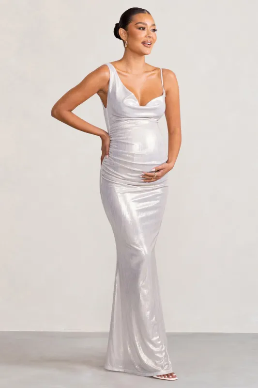 Galaxy Shimmer | Silver Maternity Cowl Neck Maxi Dress sold by Club L London