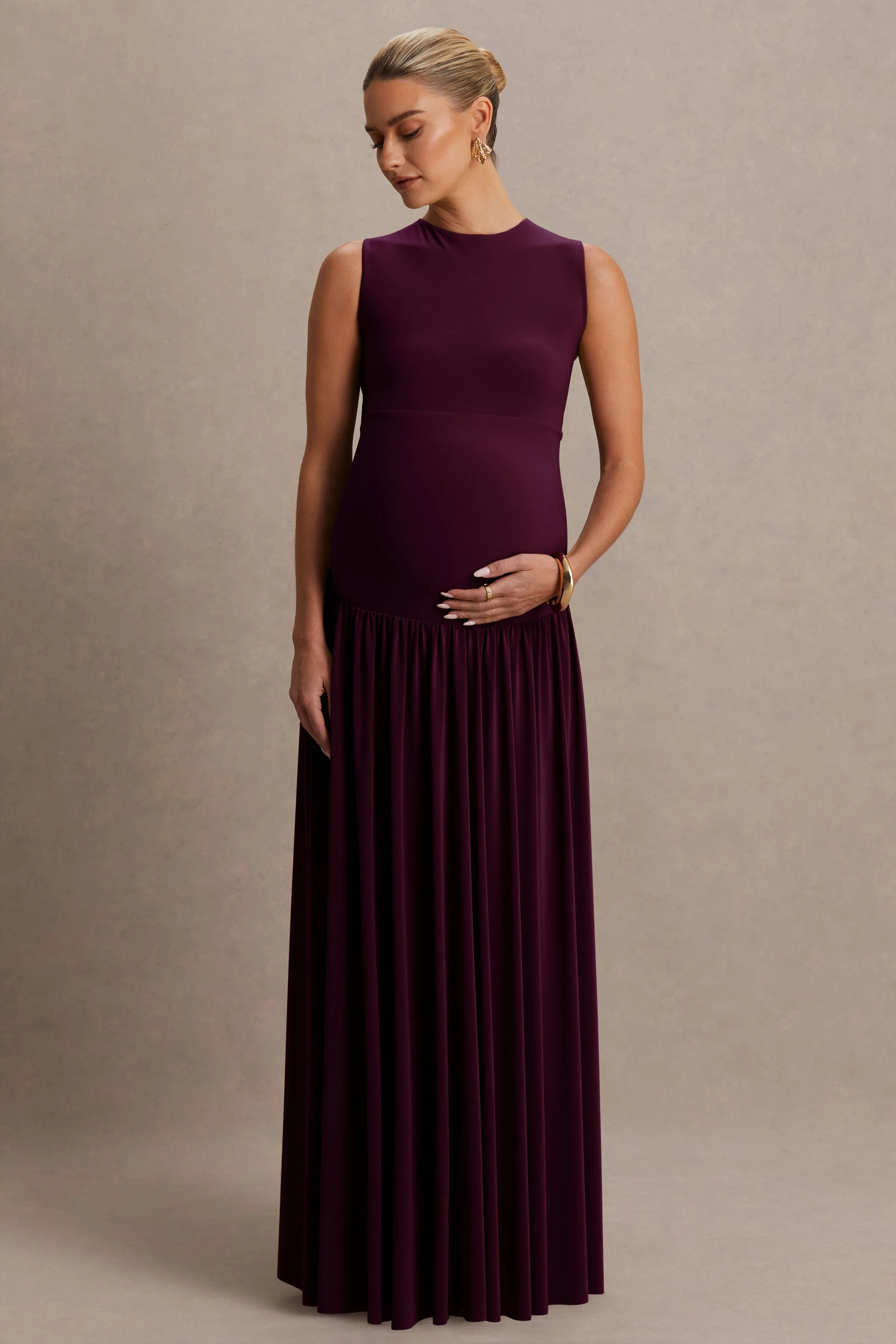 Outline | Plum Crew-Neck Maternity Maxi Dress With Pleated Skirt sold by Club L London