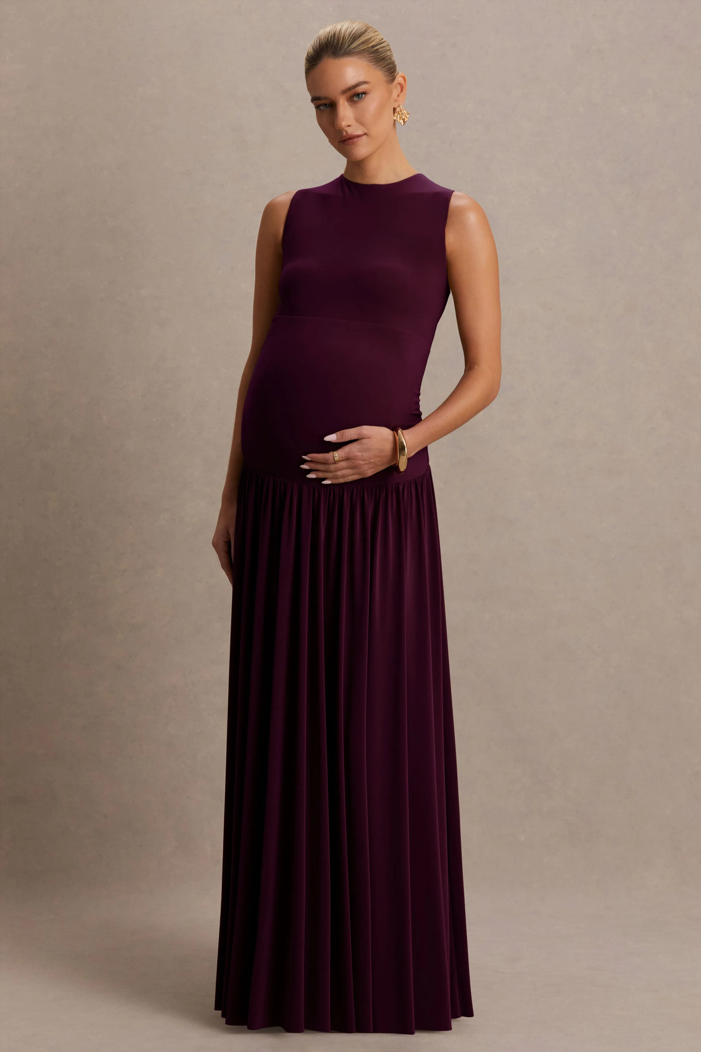 Outline | Plum Crew-Neck Maternity Maxi Dress With Pleated Skirt sold by Club L London product image thumbnail 5