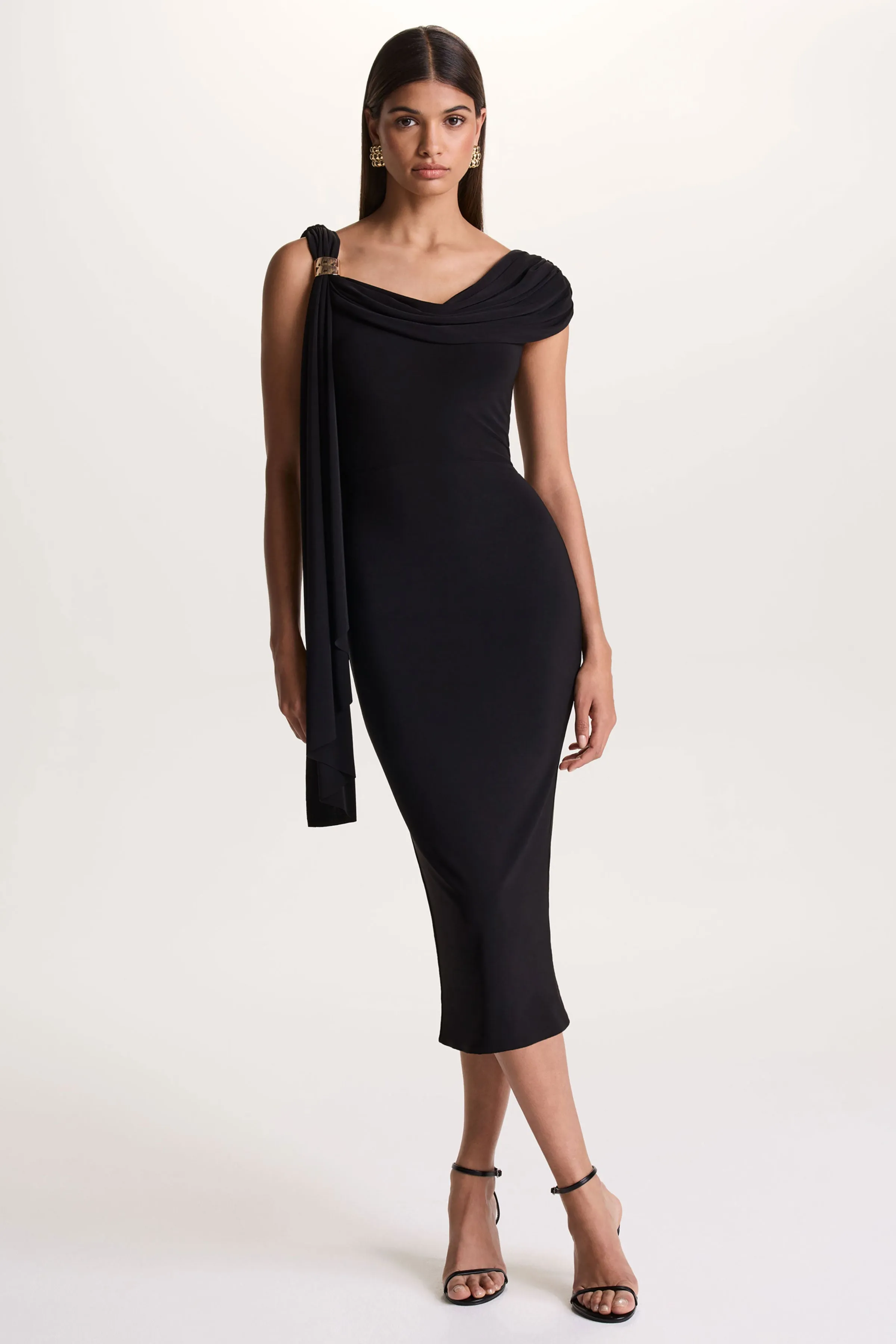 Mirelda | Black Asymmetric-Neck Midi Dress With Gold-Detail sold by Club L London product image thumbnail 4
