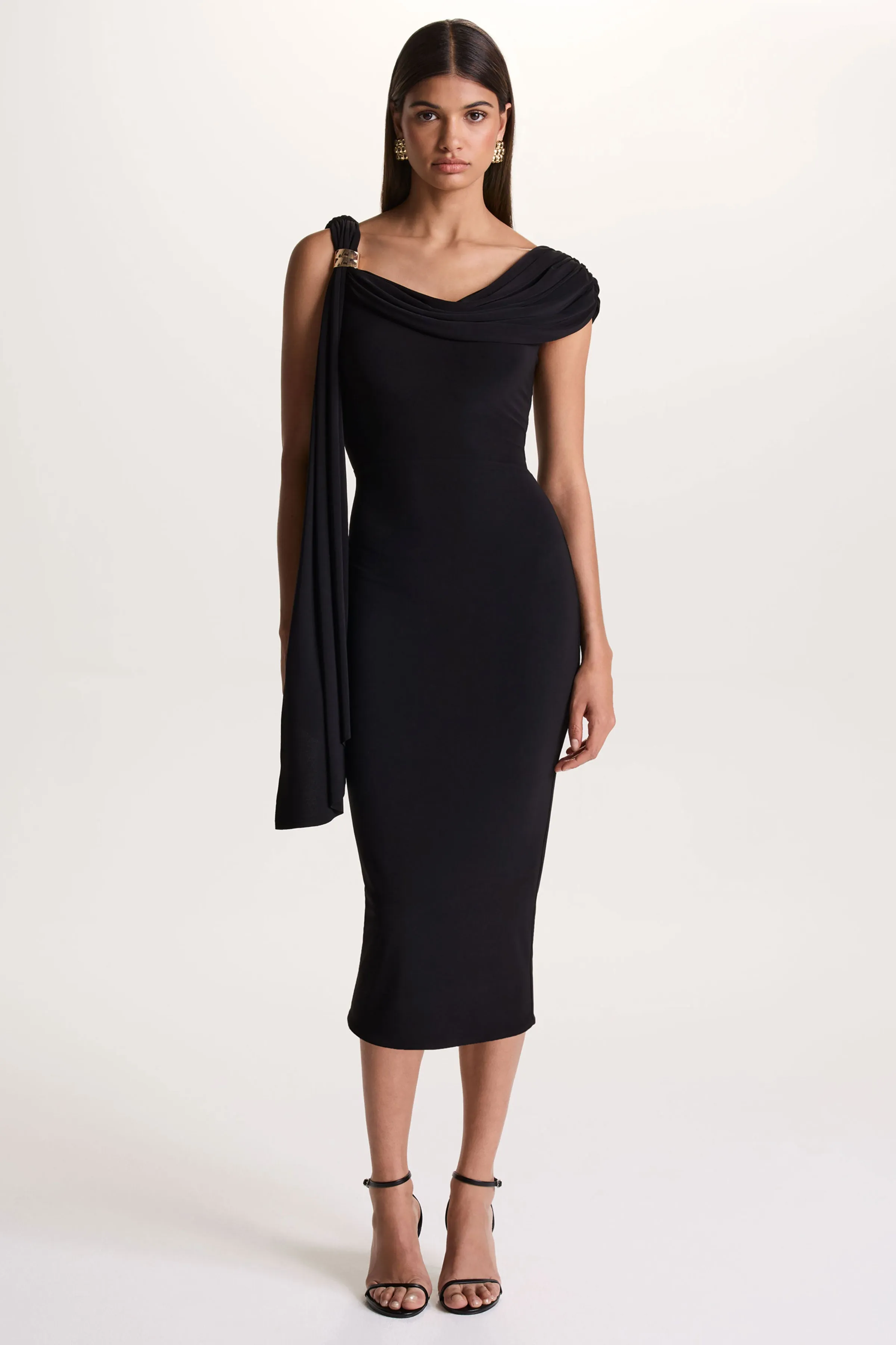 Mirelda | Black Asymmetric-Neck Midi Dress With Gold-Detail sold by Club L London