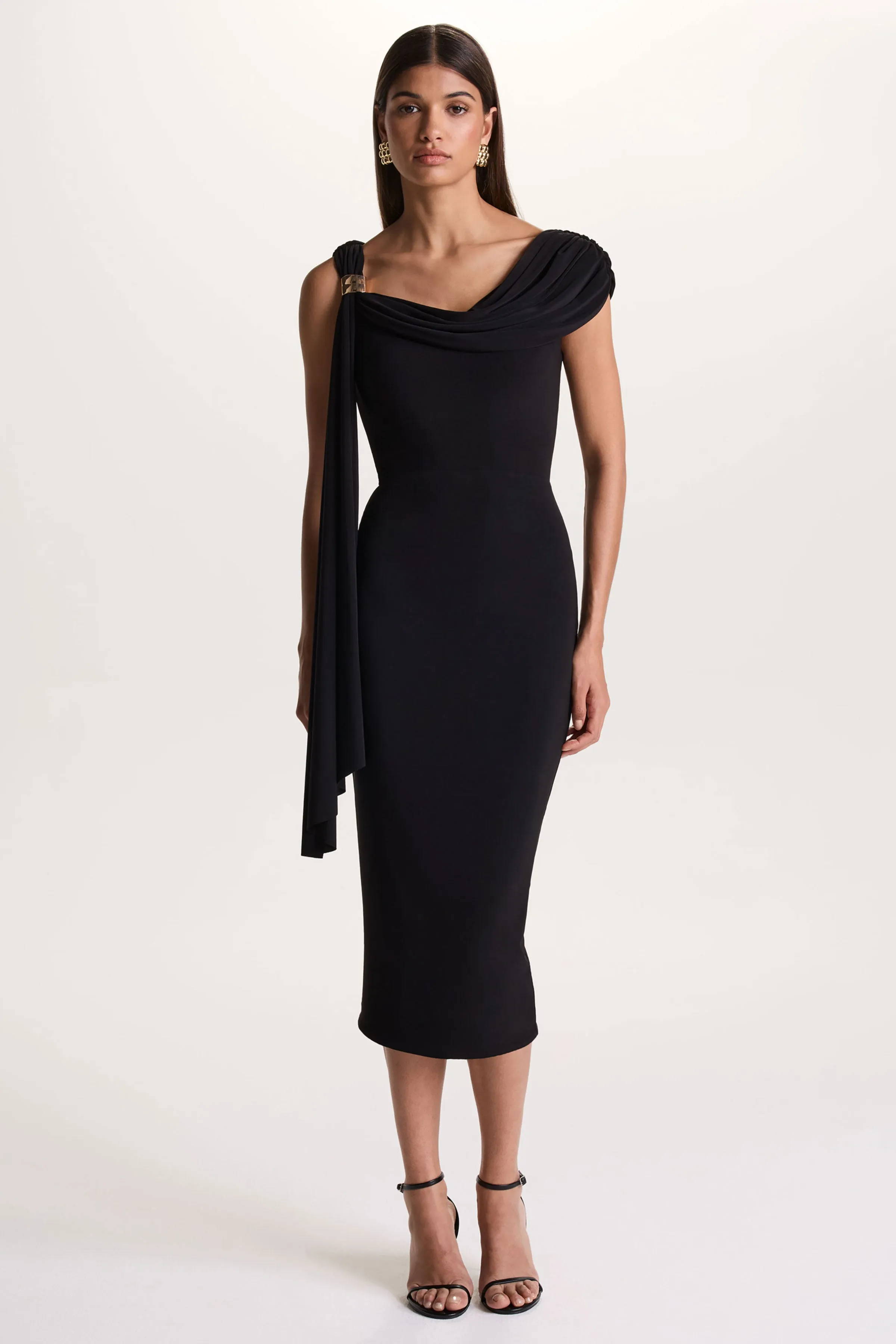 Mirelda | Black Asymmetric-Neck Midi Dress With Gold-Detail sold by Club L London product image thumbnail 5
