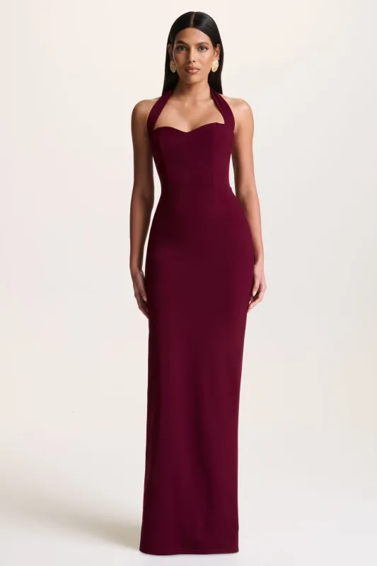 Robyn | Burgundy Sweetheart-Neck Maxi Dress sold by Club L London