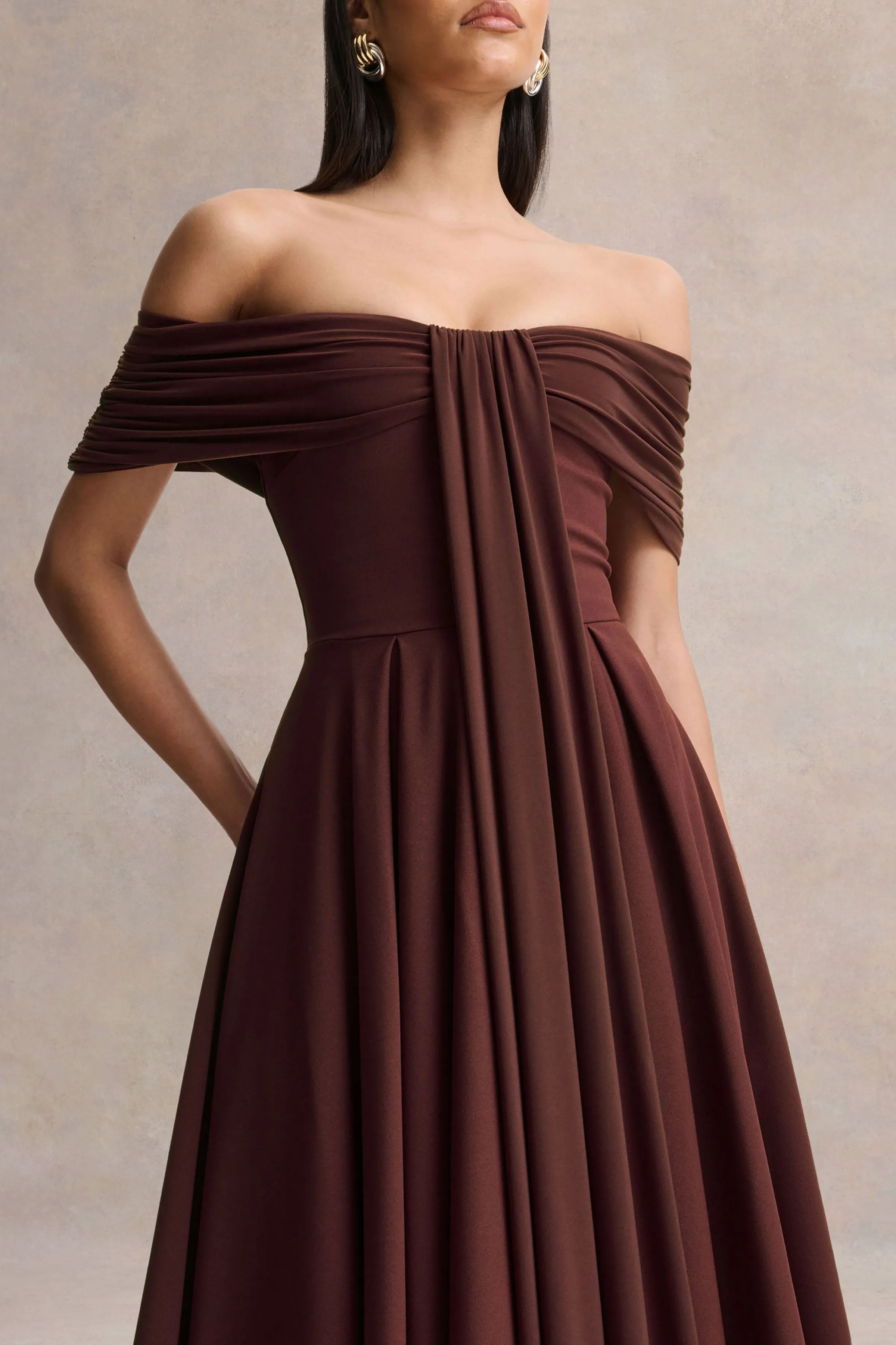 Dearest | Brown Bardot-Neck Midi Dress sold by Club L London product image thumbnail 3