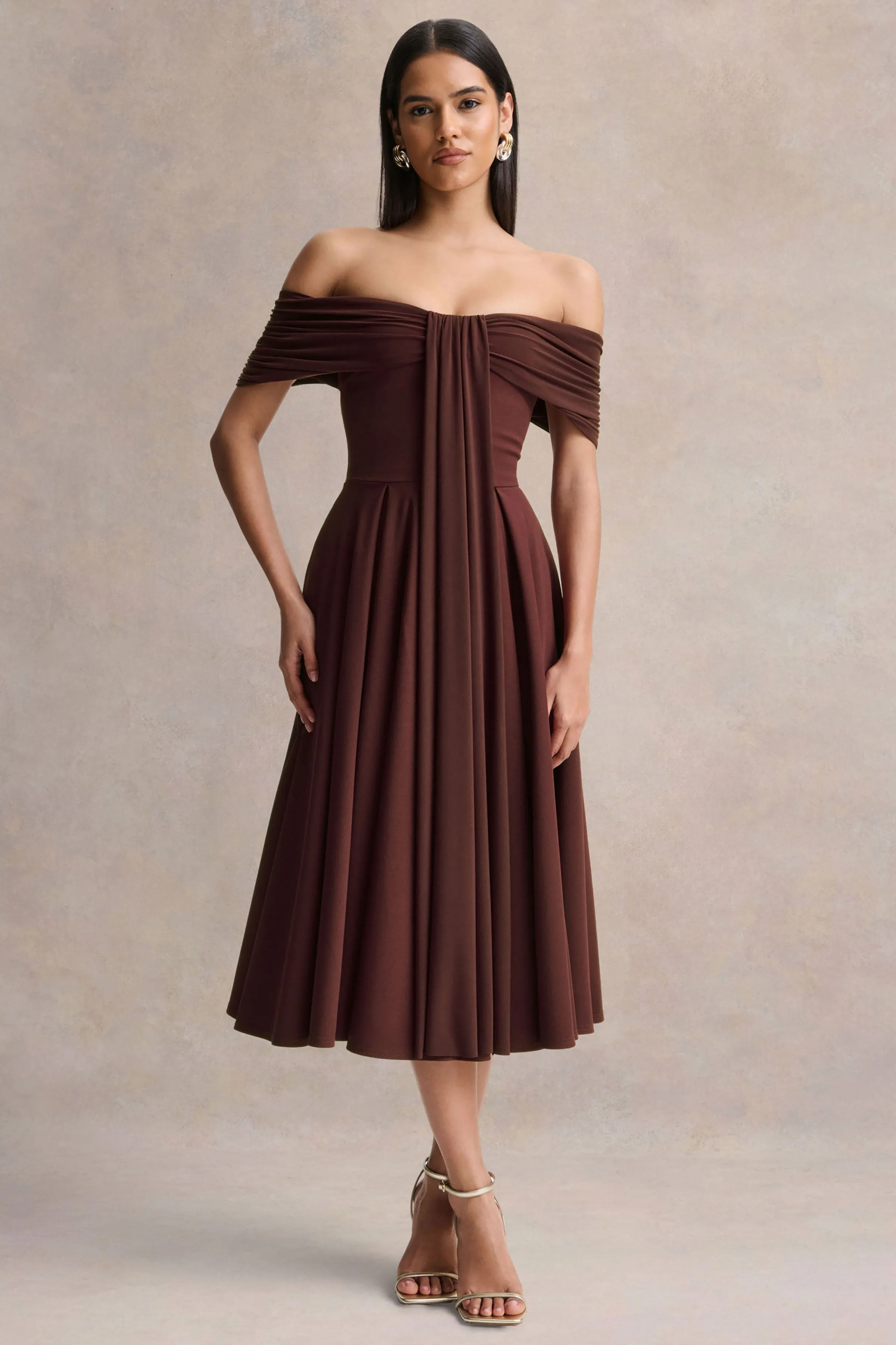 Dearest | Brown Bardot-Neck Midi Dress sold by Club L London product image thumbnail 4
