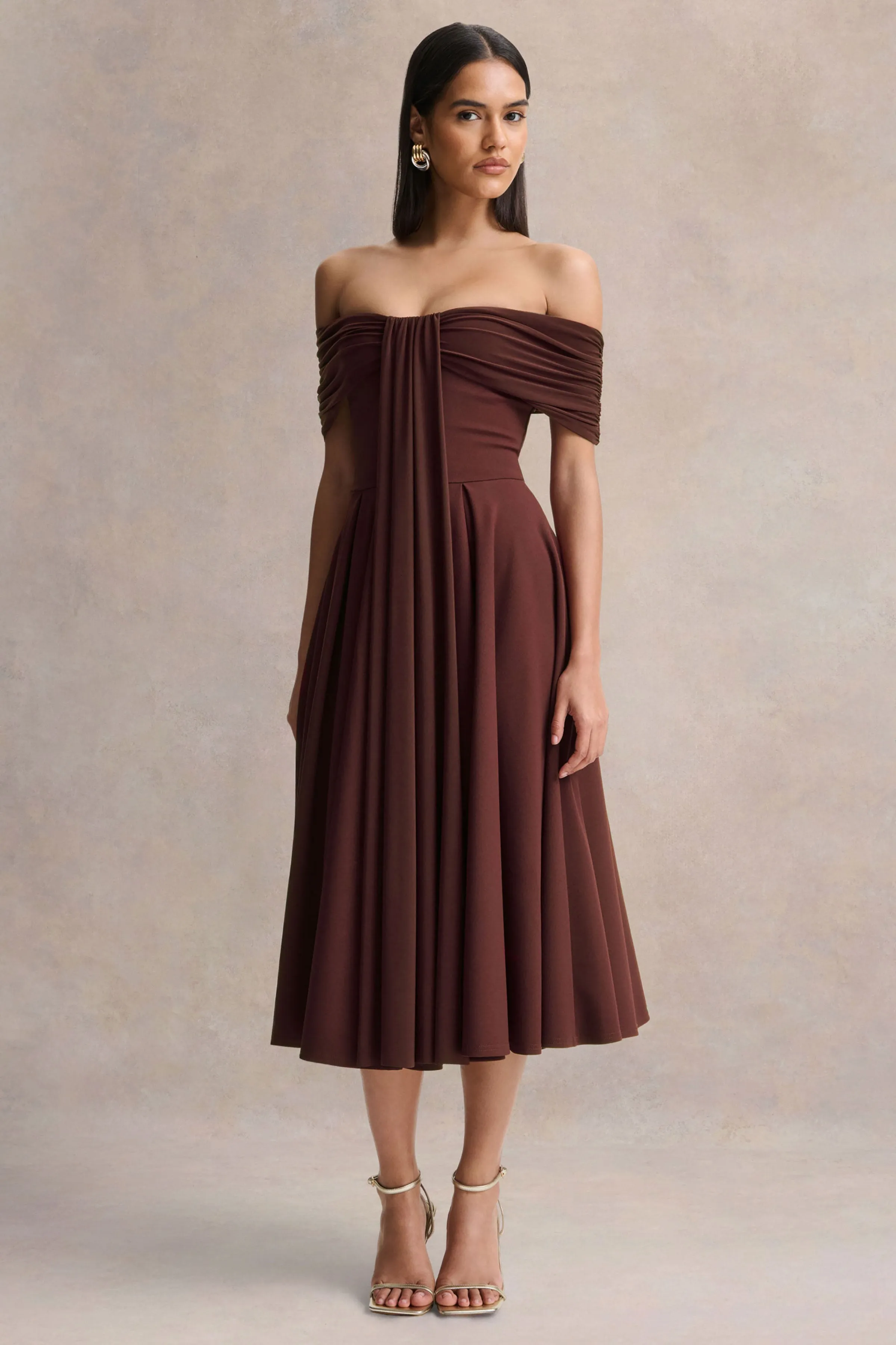 Dearest | Brown Bardot-Neck Midi Dress sold by Club L London