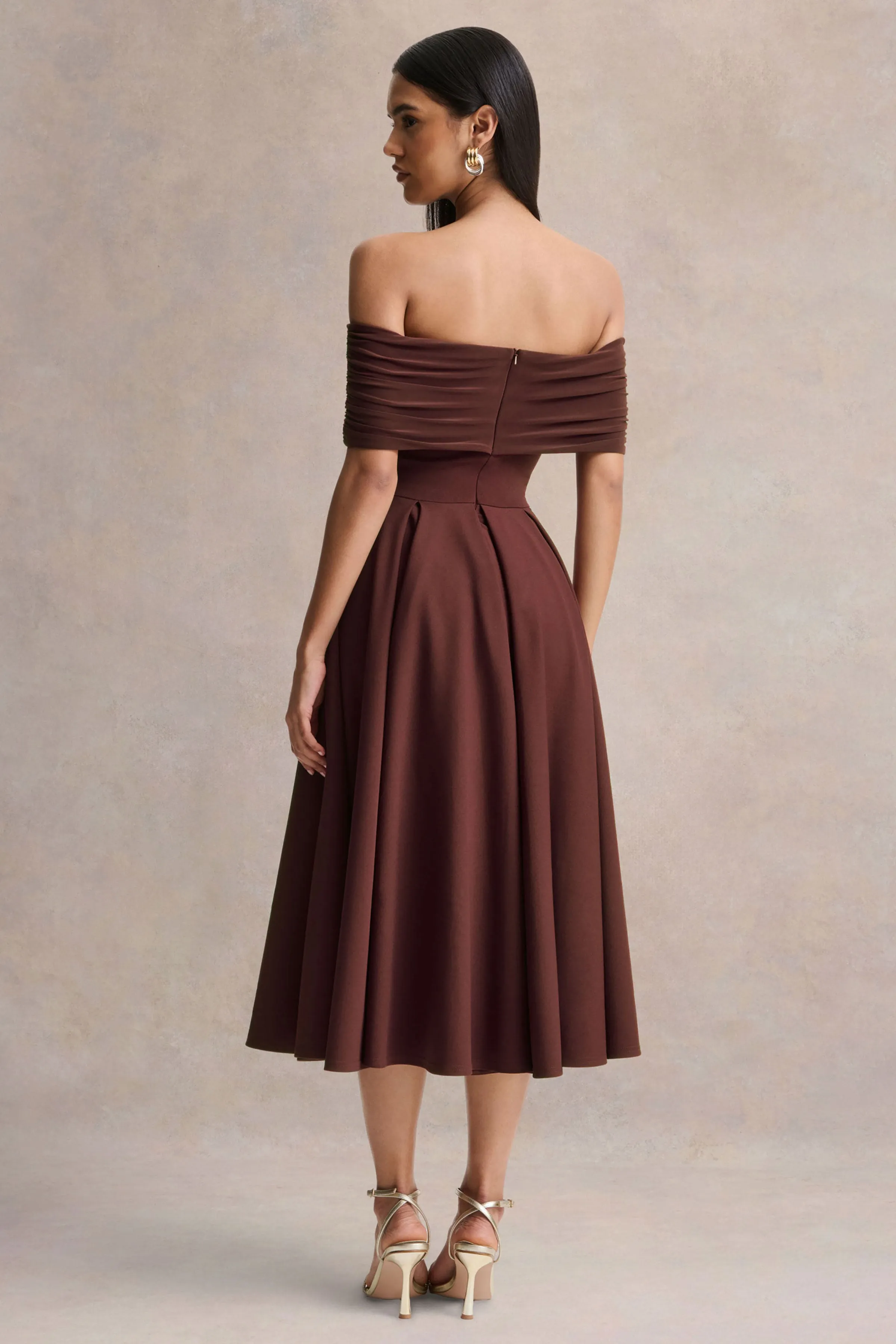 Dearest | Brown Bardot-Neck Midi Dress sold by Club L London product image thumbnail 2