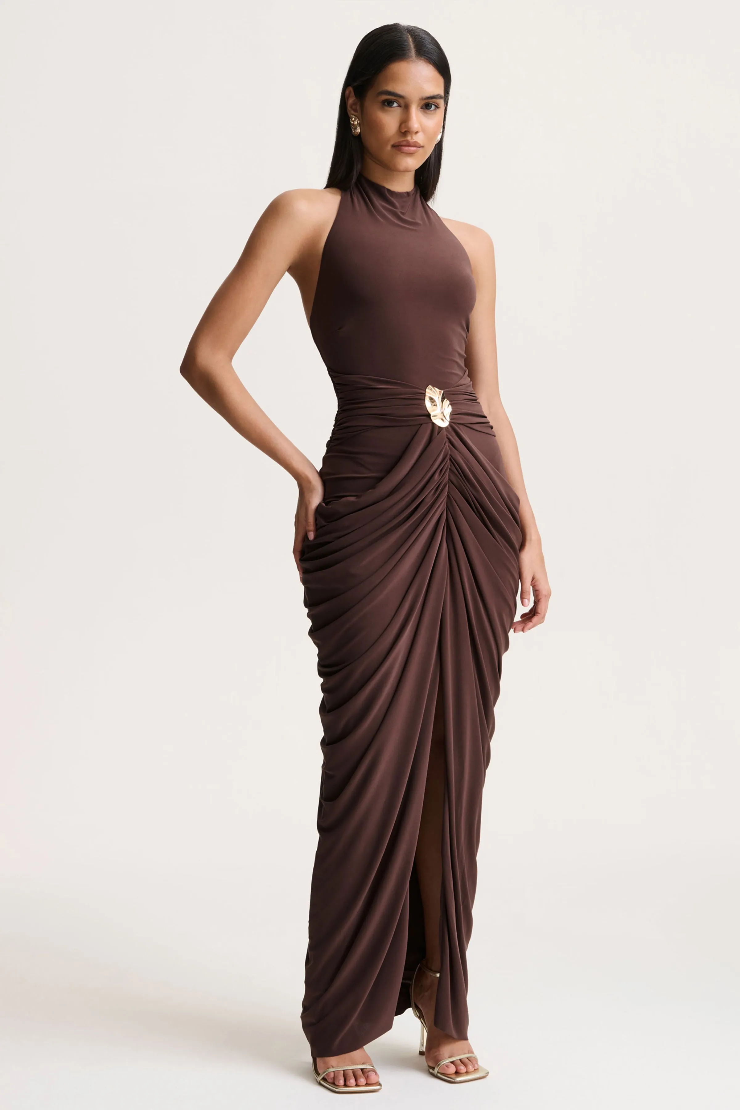 Horizon | Brown High-Neck Maxi Dress With Draped Detailing sold by Club L London product image thumbnail 4