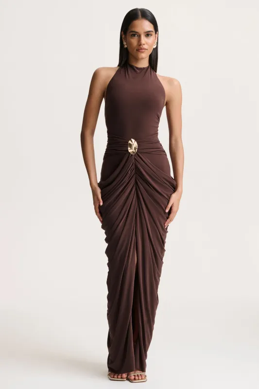 Horizon | Brown High-Neck Maxi Dress With Draped Detailing sold by Club L London