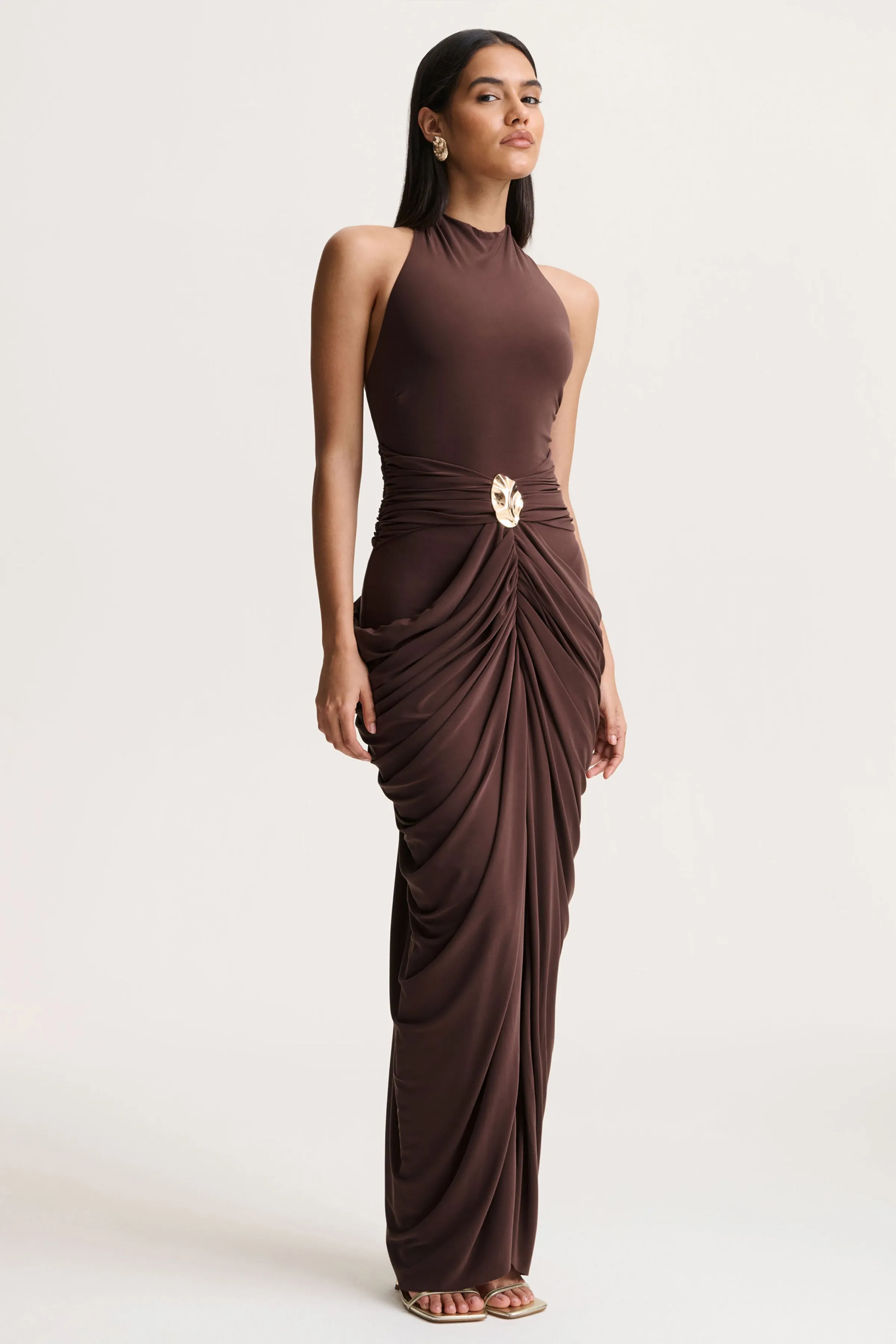 Horizon | Brown High-Neck Maxi Dress With Draped Detailing sold by Club L London product image thumbnail 5