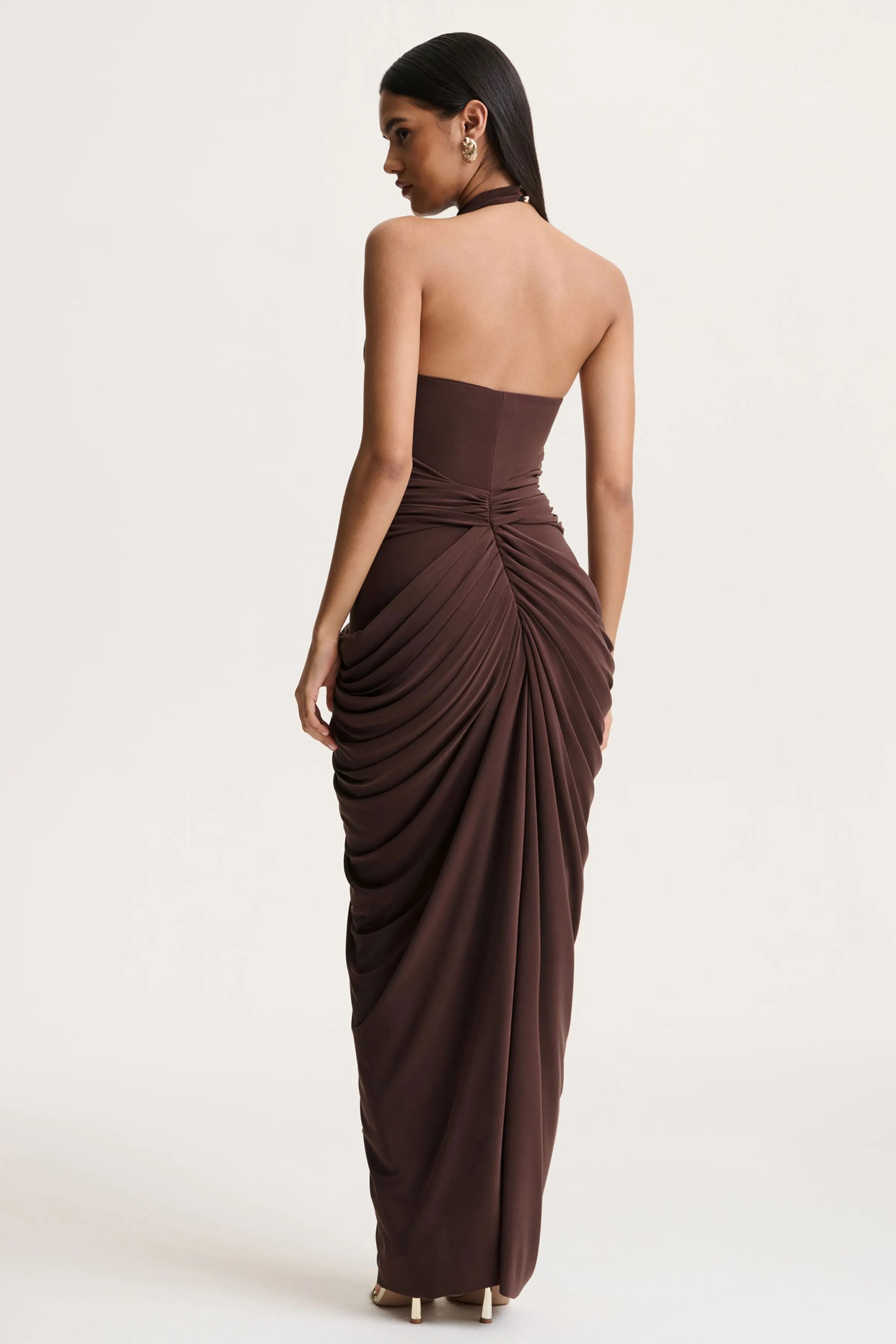 Horizon | Brown High-Neck Maxi Dress With Draped Detailing sold by Club L London product image thumbnail 2