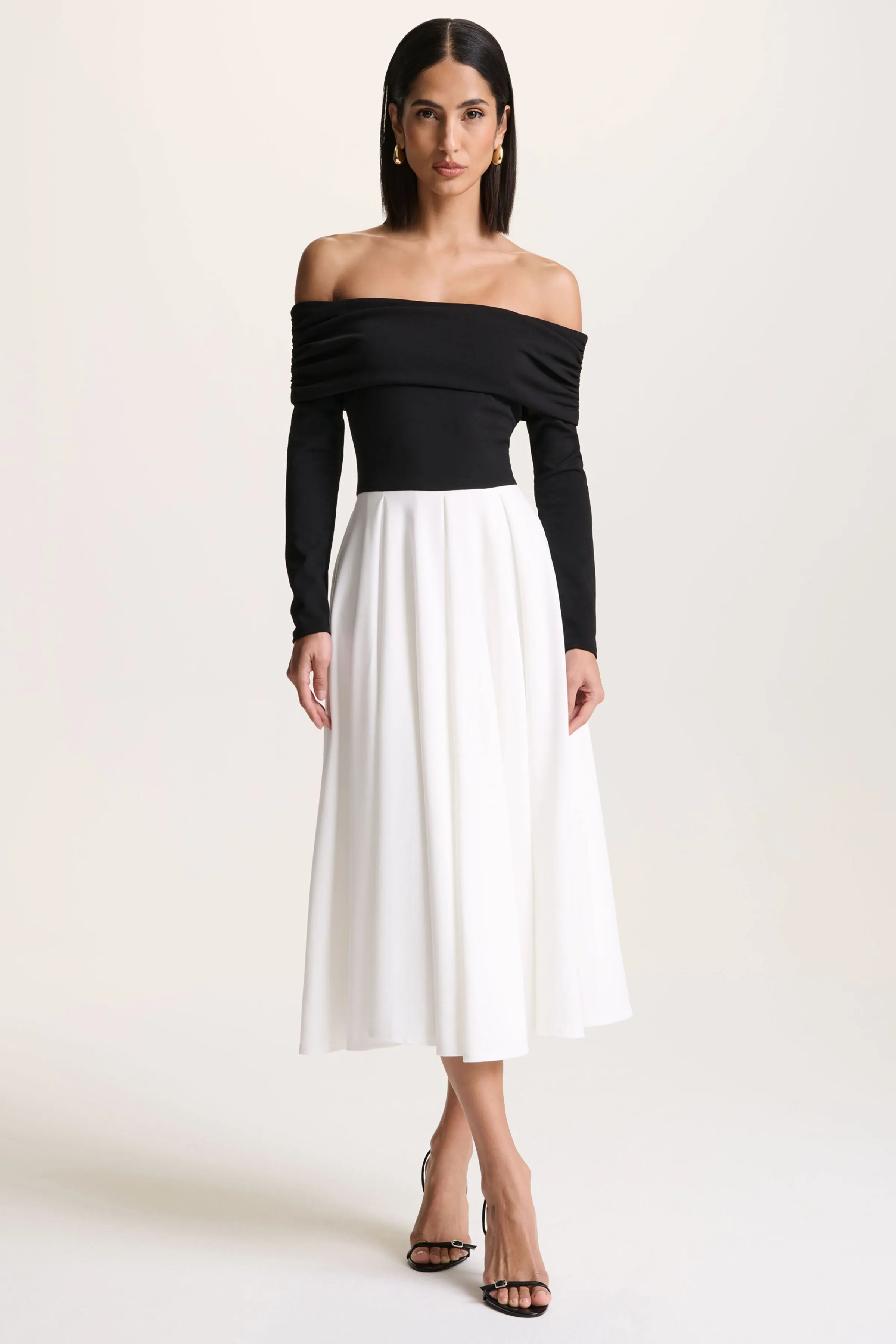 Frederica | Black And White Bardot-Neck Midi Dress sold by Club L London