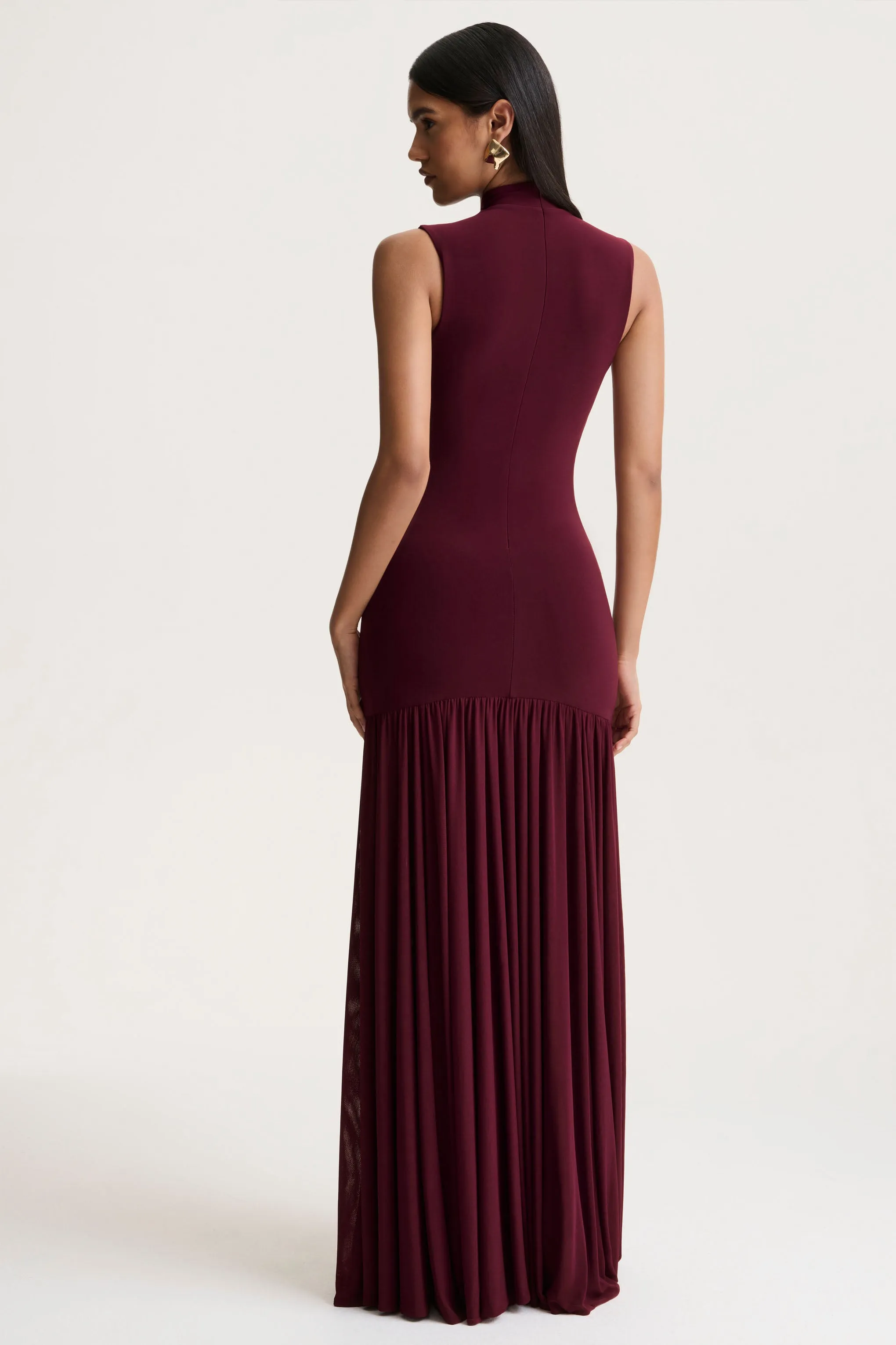 Gigi | Burgundy High-Neck Maxi Dress With Drop-Waist And Sheer Skirt sold by Club L London product image thumbnail 2