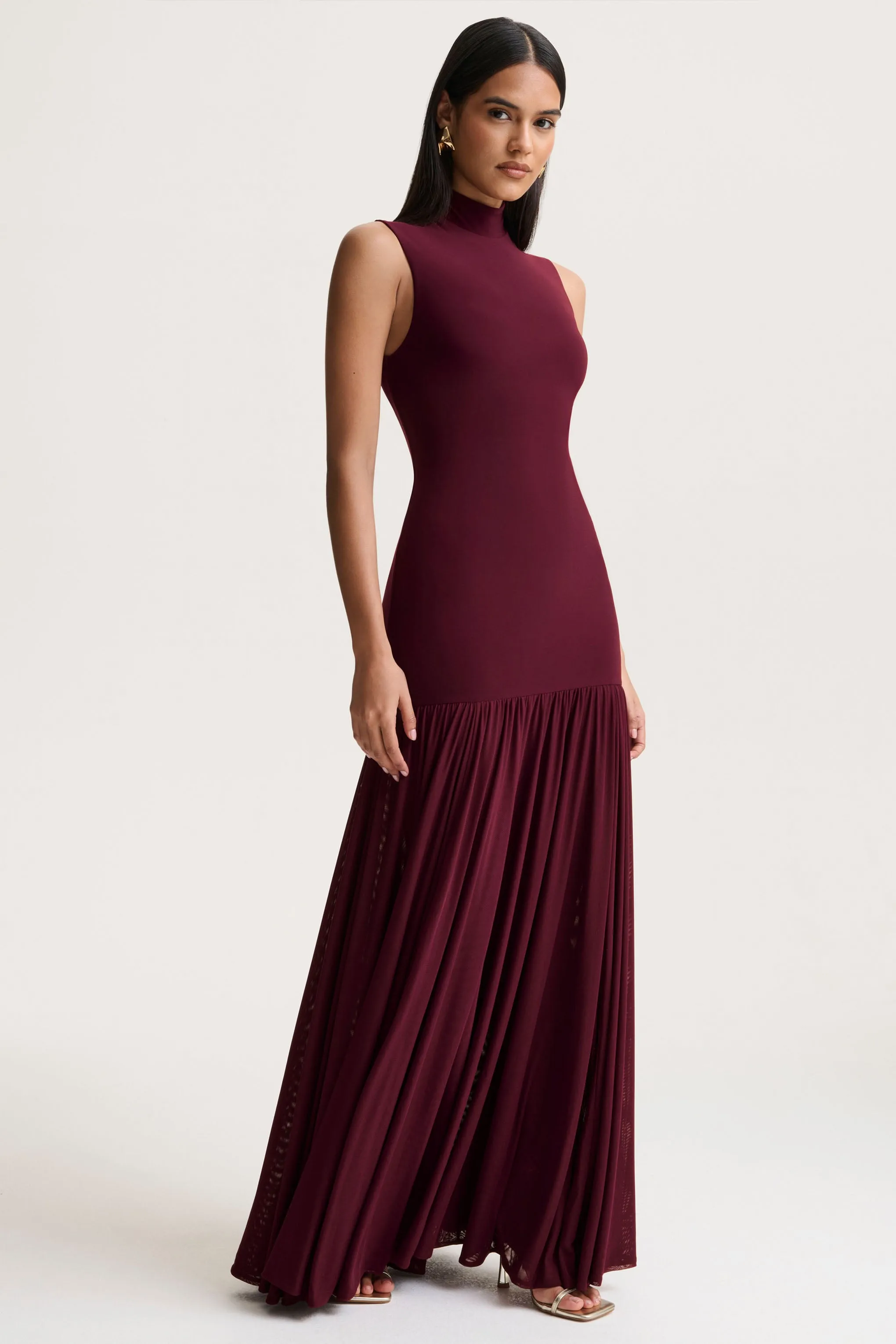 Gigi | Burgundy High-Neck Maxi Dress With Drop-Waist And Sheer Skirt sold by Club L London product image thumbnail 3