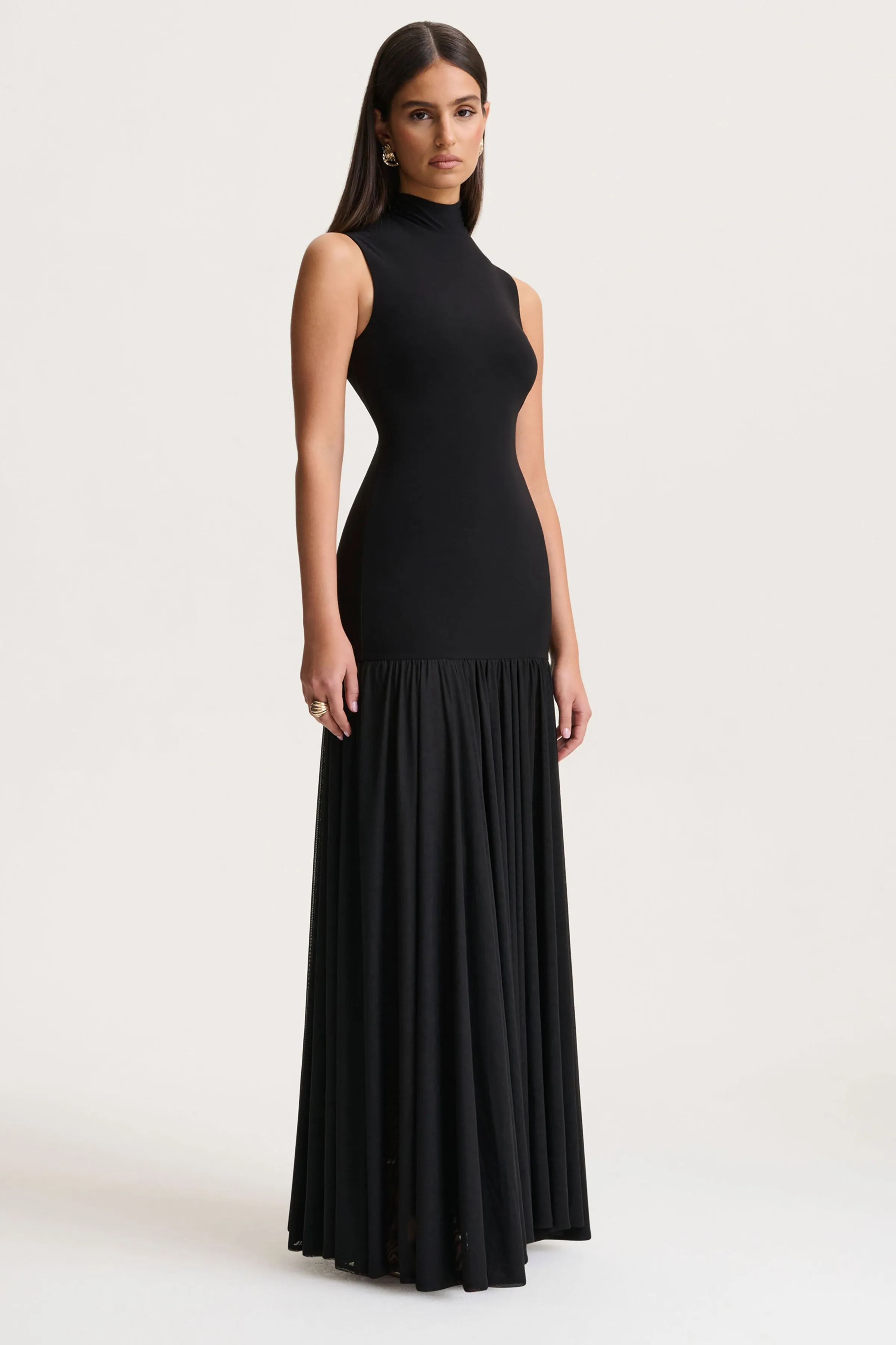 Gigi | Black High-Neck Maxi Dress With Drop-Waist And Sheer Skirt sold by Club L London product image thumbnail 5