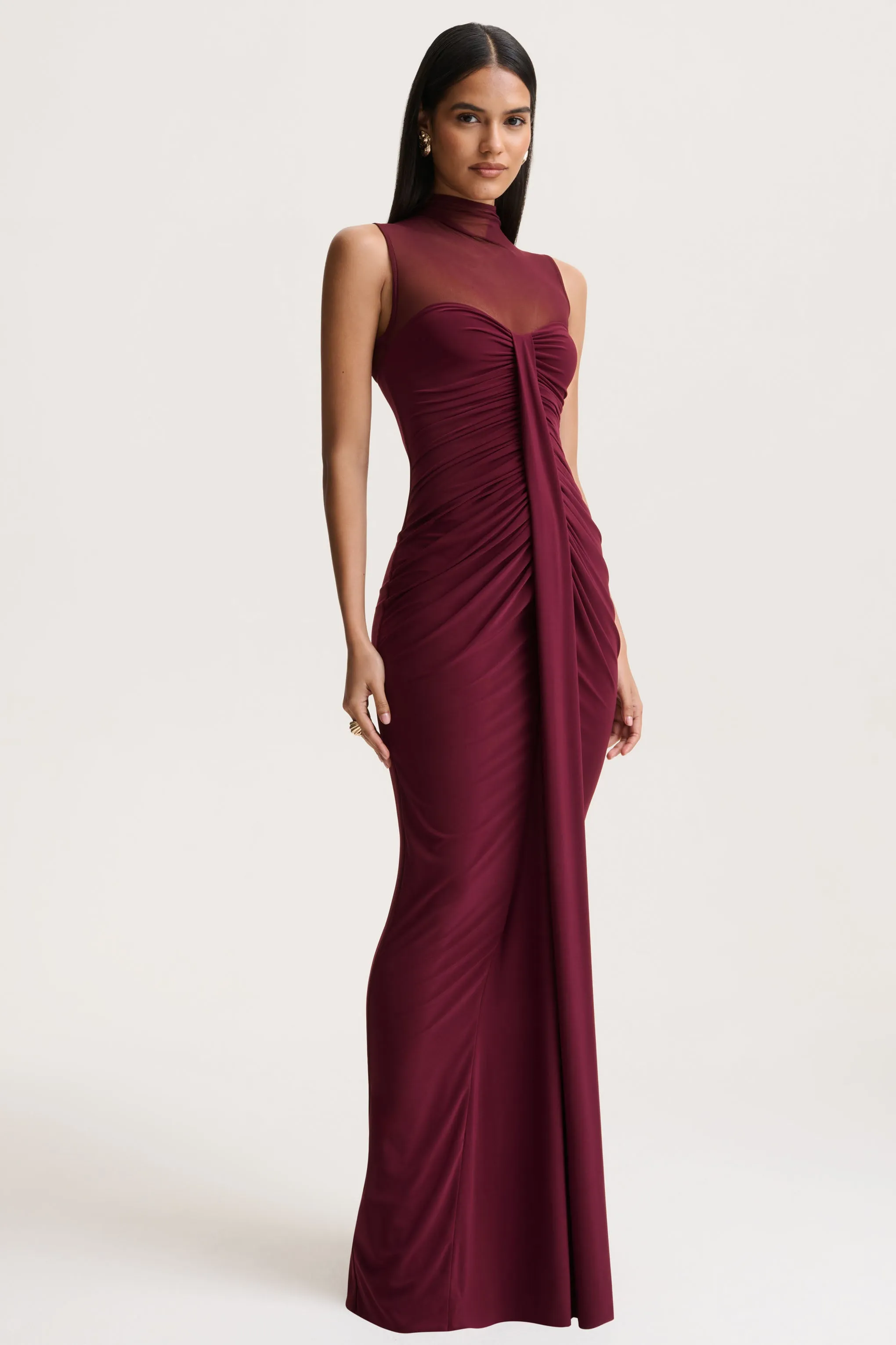 Brialle | Burgundy High-Neck Maxi Dress With Mesh And Gathered-Detailing sold by Club L London product image thumbnail 4