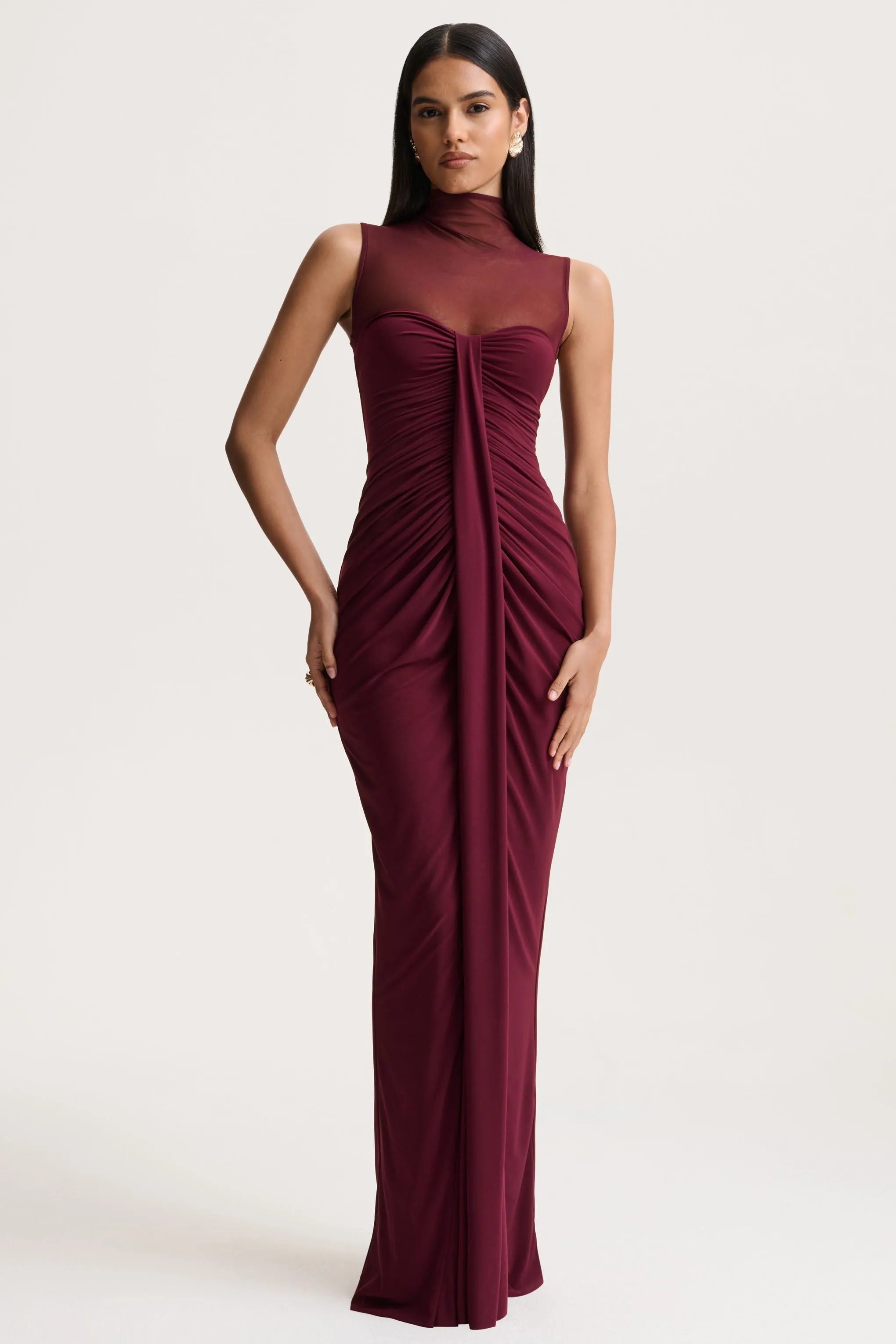 Brialle | Burgundy High-Neck Maxi Dress With Mesh And Gathered-Detailing sold by Club L London