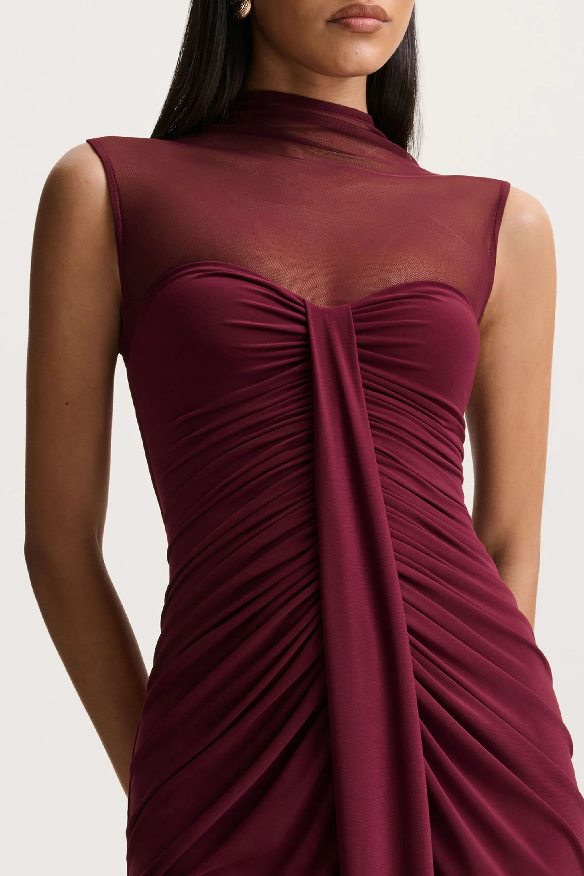 Brialle | Burgundy High-Neck Maxi Dress With Mesh And Gathered-Detailing sold by Club L London product image thumbnail 5