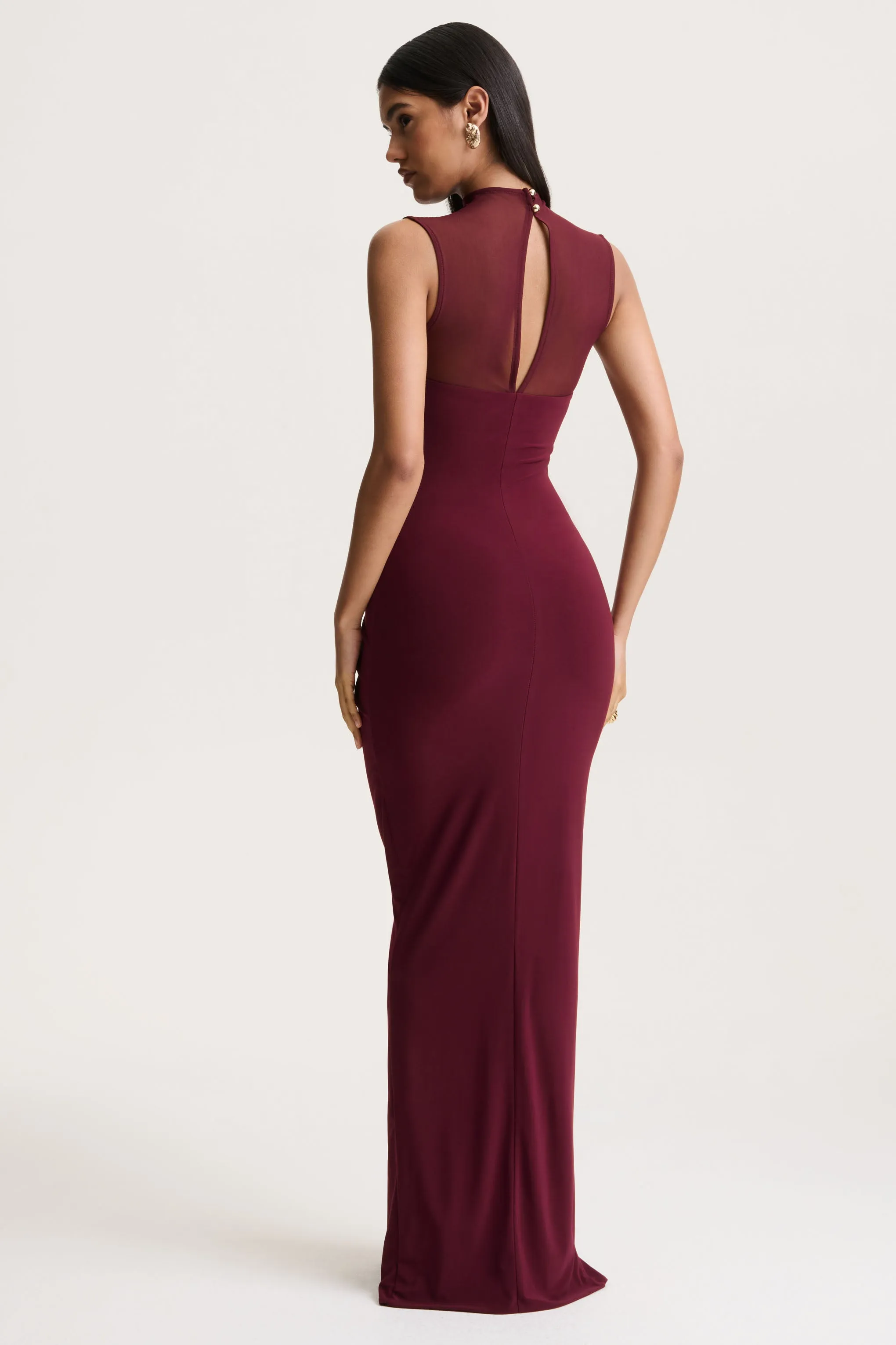 Brialle | Burgundy High-Neck Maxi Dress With Mesh And Gathered-Detailing sold by Club L London product image thumbnail 2