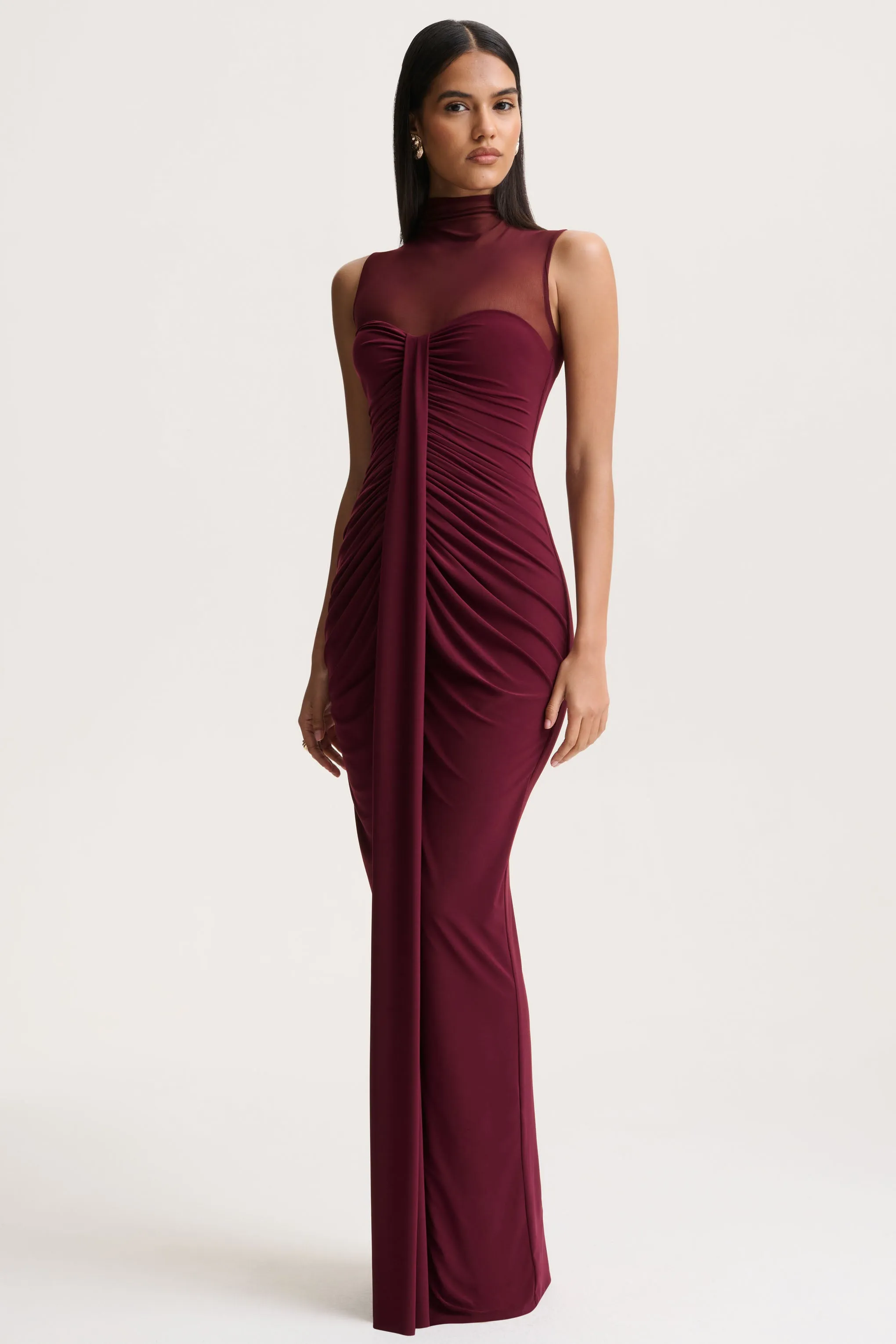 Brialle | Burgundy High-Neck Maxi Dress With Mesh And Gathered-Detailing sold by Club L London product image thumbnail 3