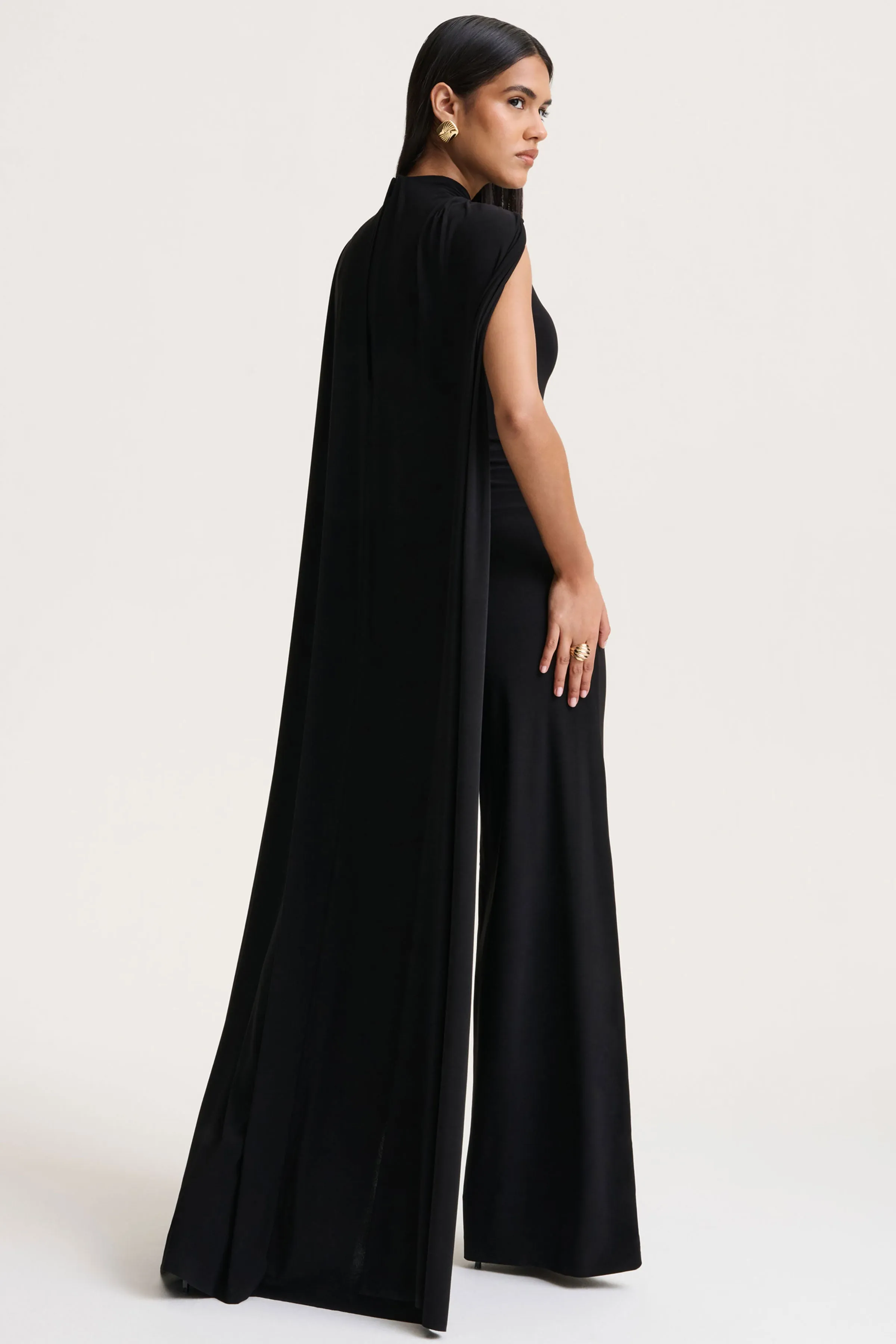 Seema | Black High-Neck Jumpsuit With Cape sold by Club L London product image thumbnail 2