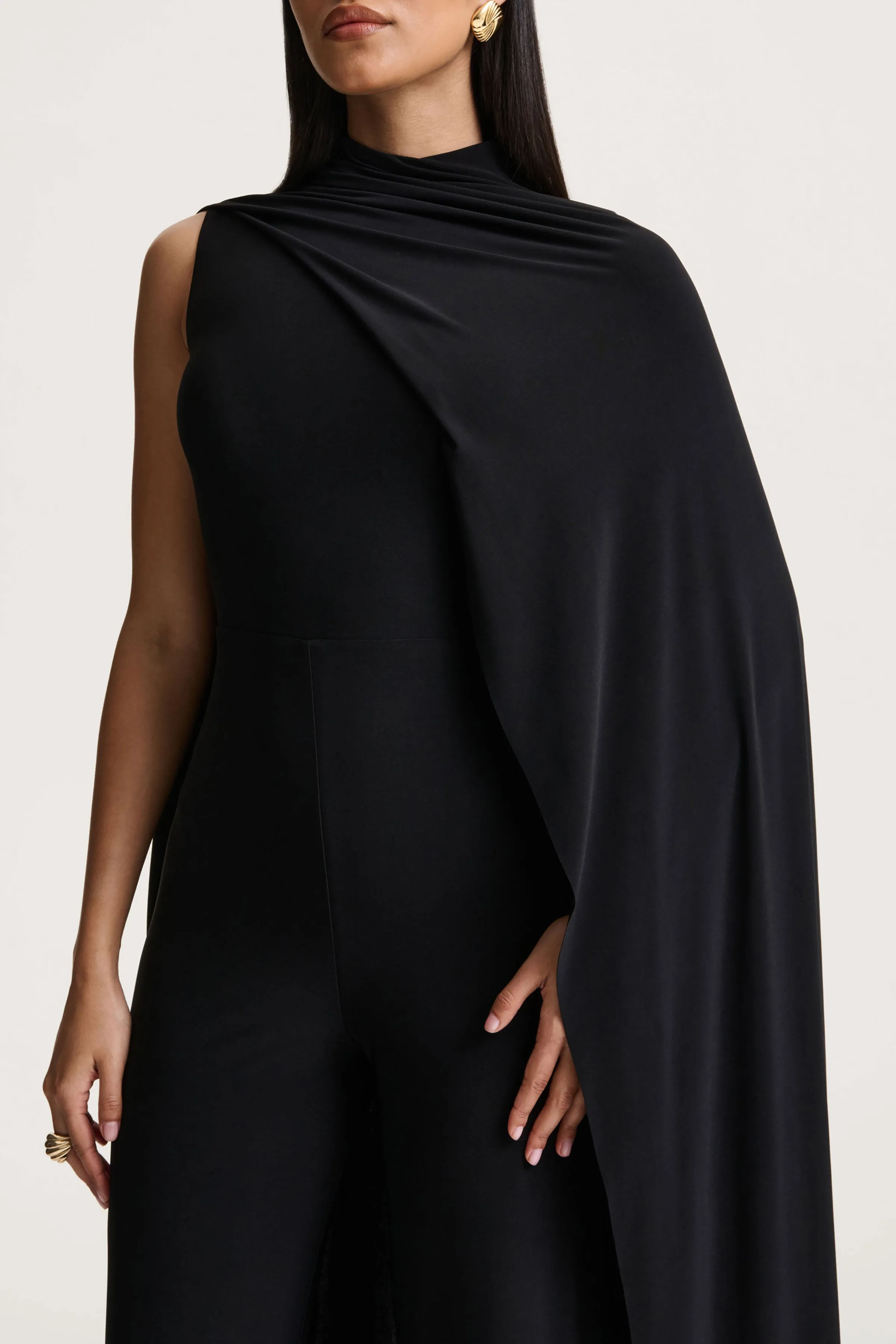Seema | Black High-Neck Jumpsuit With Cape sold by Club L London product image thumbnail 3