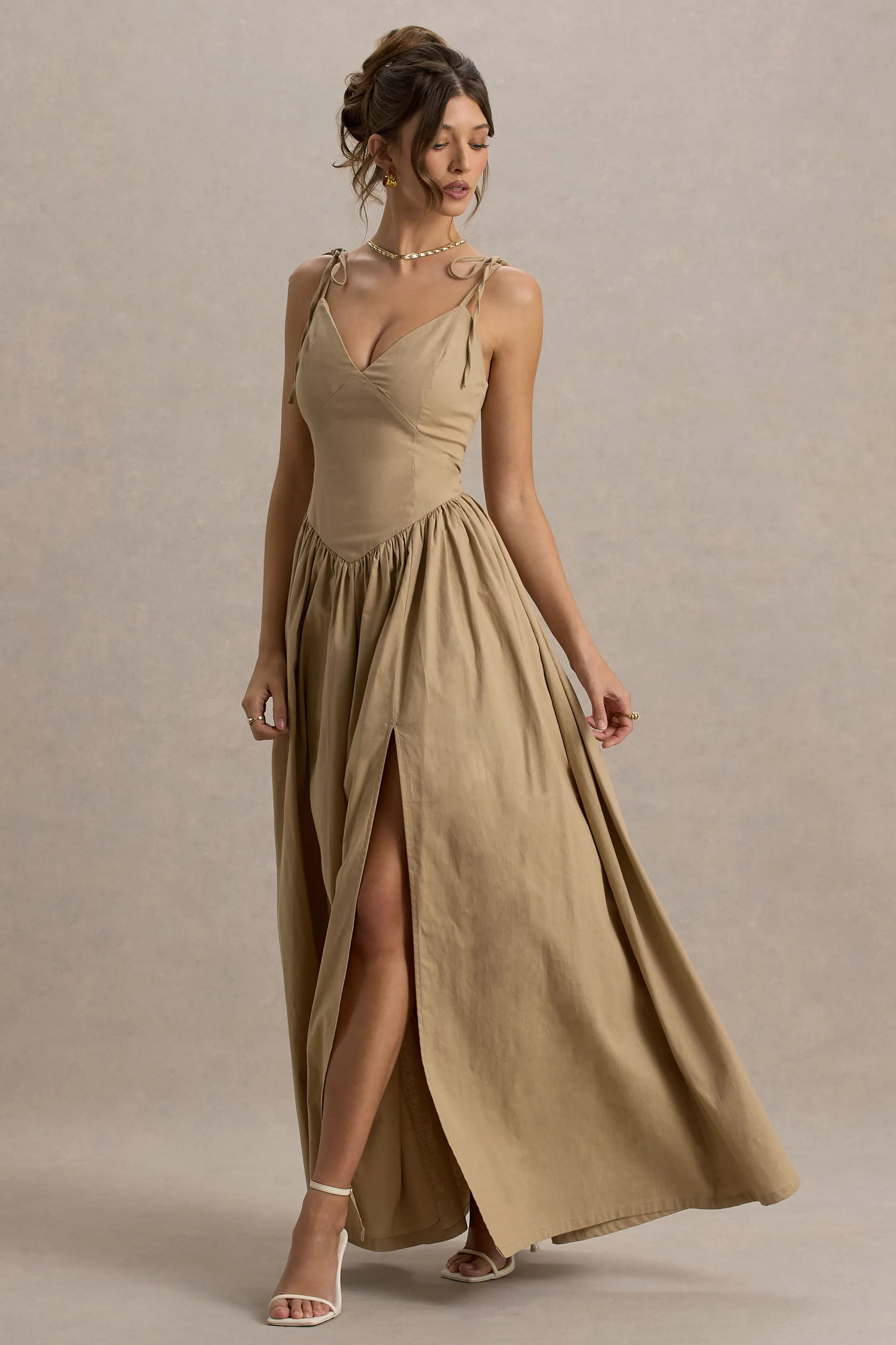 Comet | Tan Maxi Dress with Plunge Neckline and Front High Split sold by Club L London product image thumbnail 4
